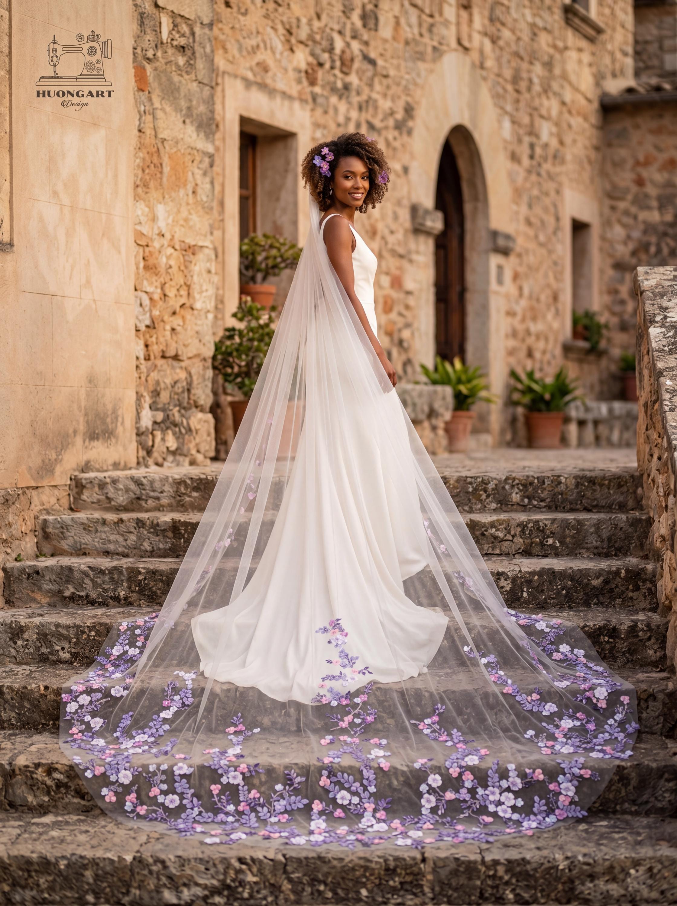 Beaded 3D Fabric Flower Bridal Veil | Lavender Floral Cathedral