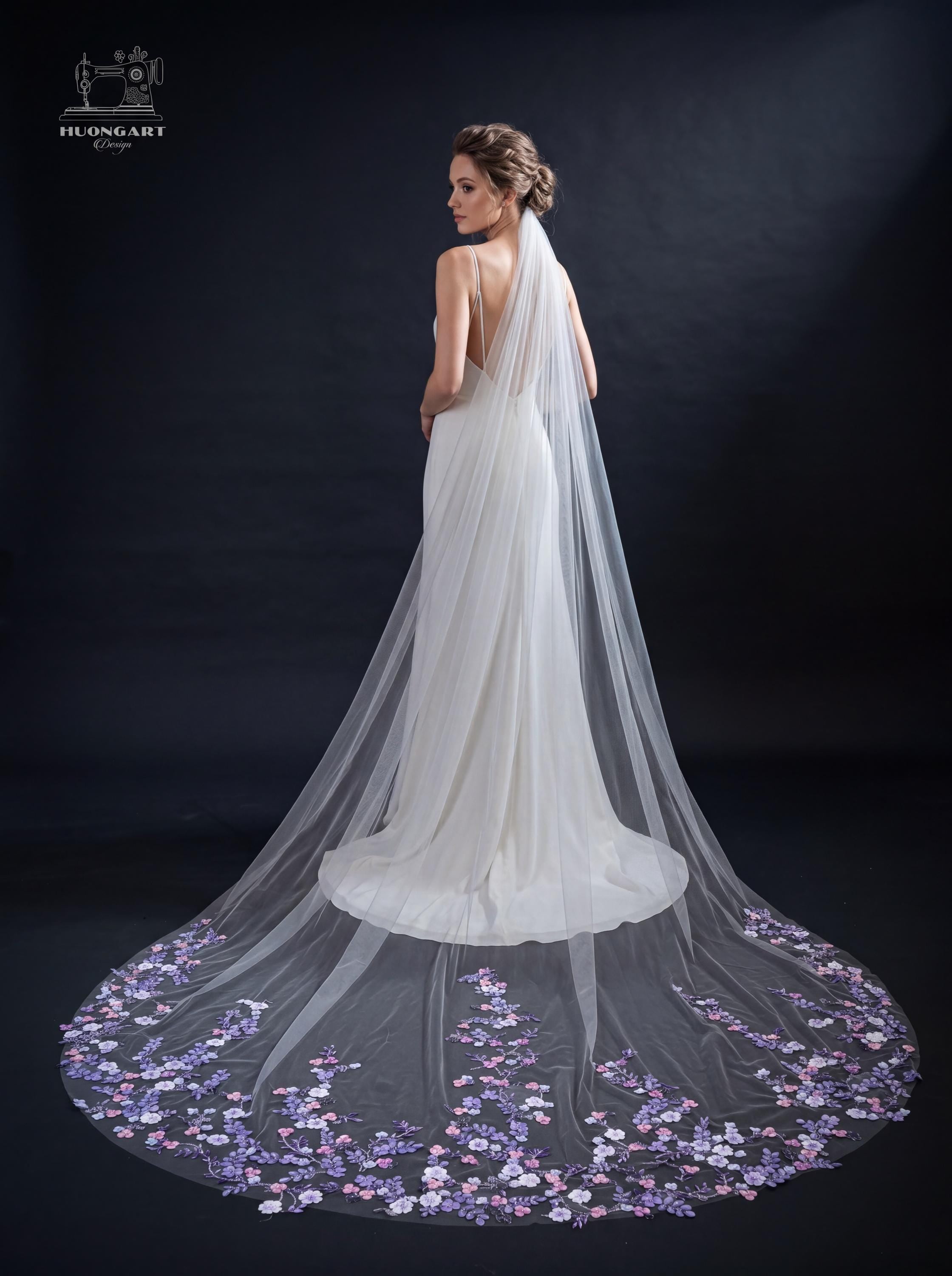 Beaded 3D Fabric Flower Bridal Veil | Lavender Floral Cathedral