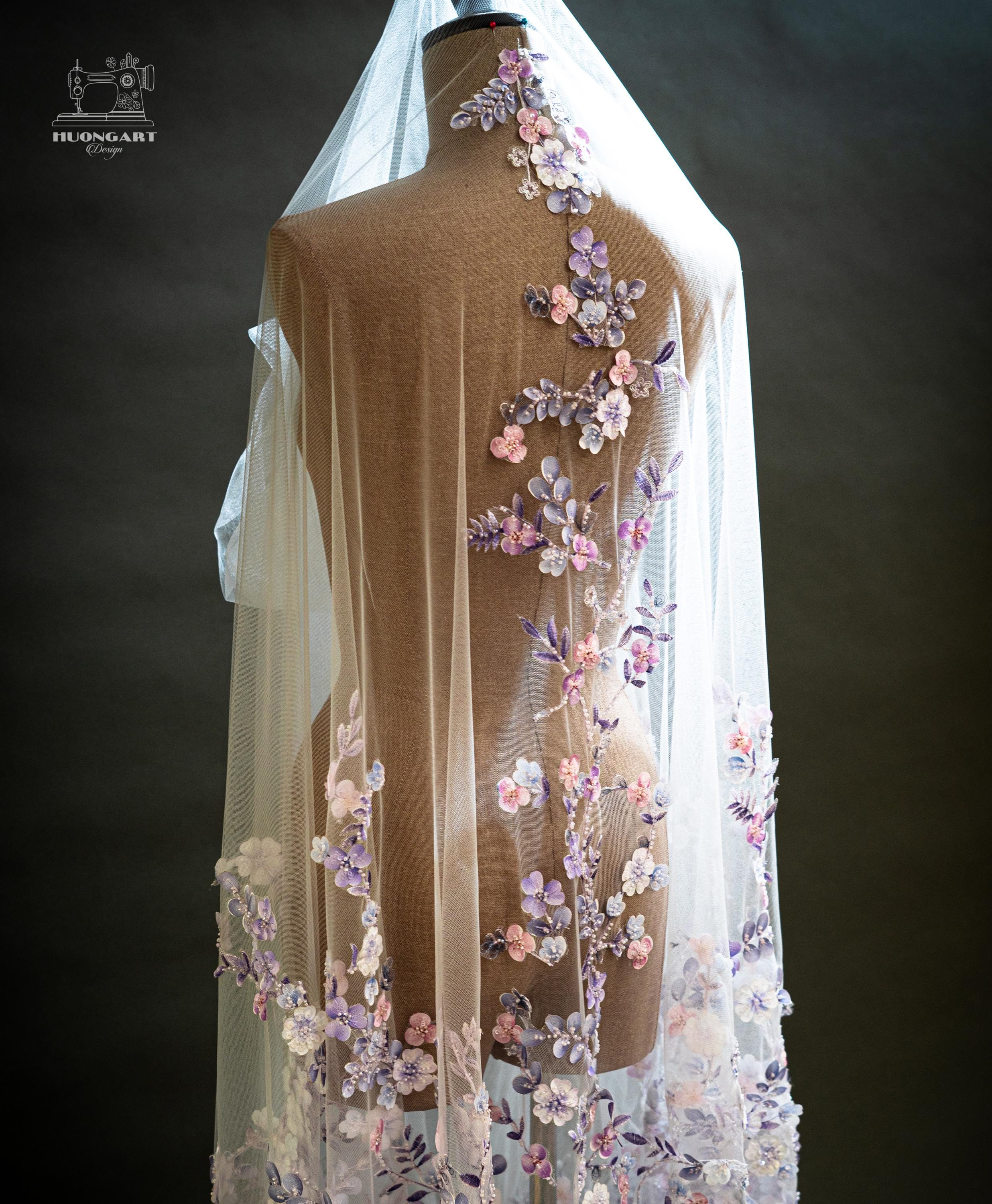 Beaded 3D Fabric Flower Bridal Veil | Lavender Floral Cathedral