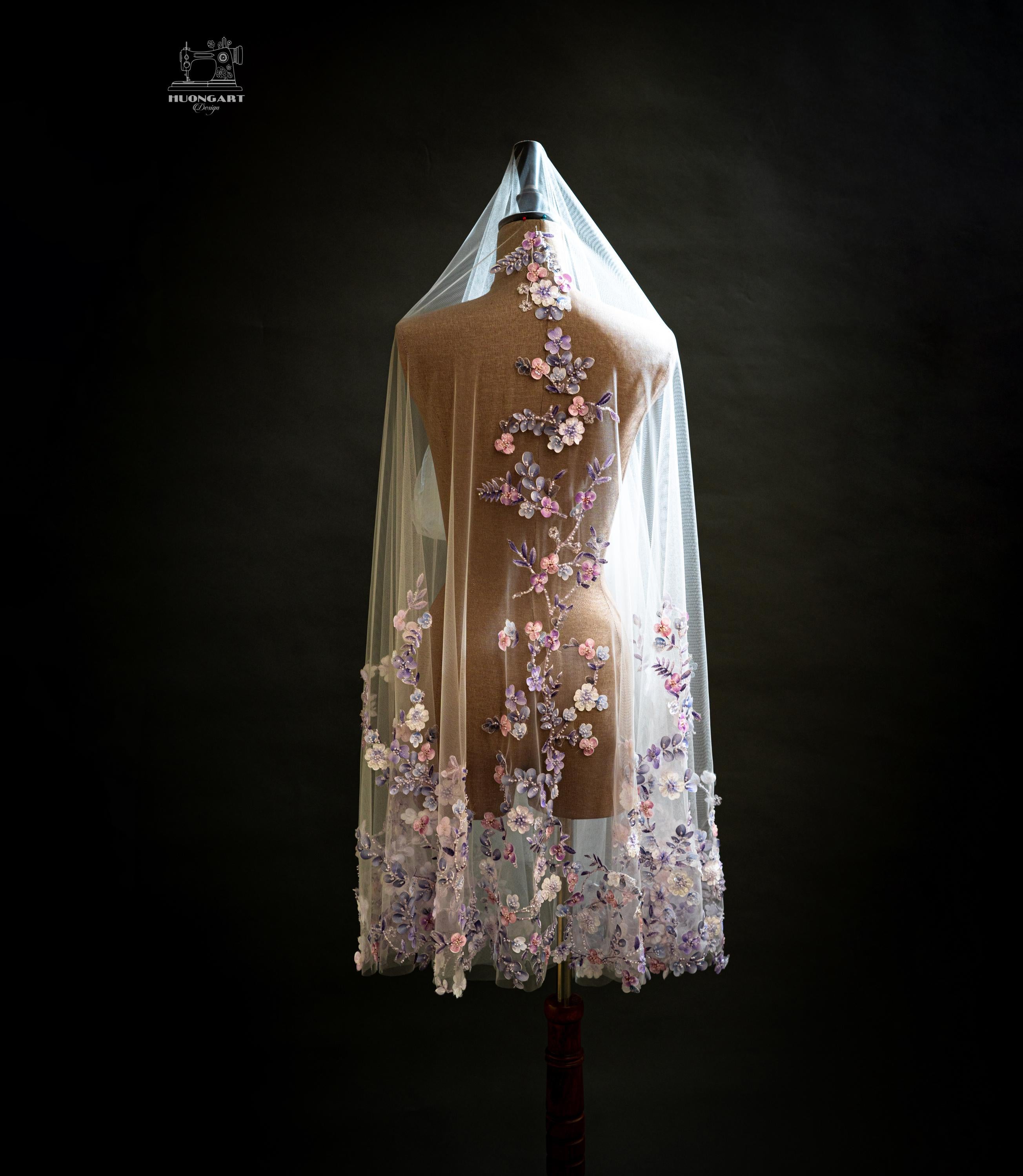 Beaded 3D Fabric Flower Bridal Veil | Lavender Floral Cathedral