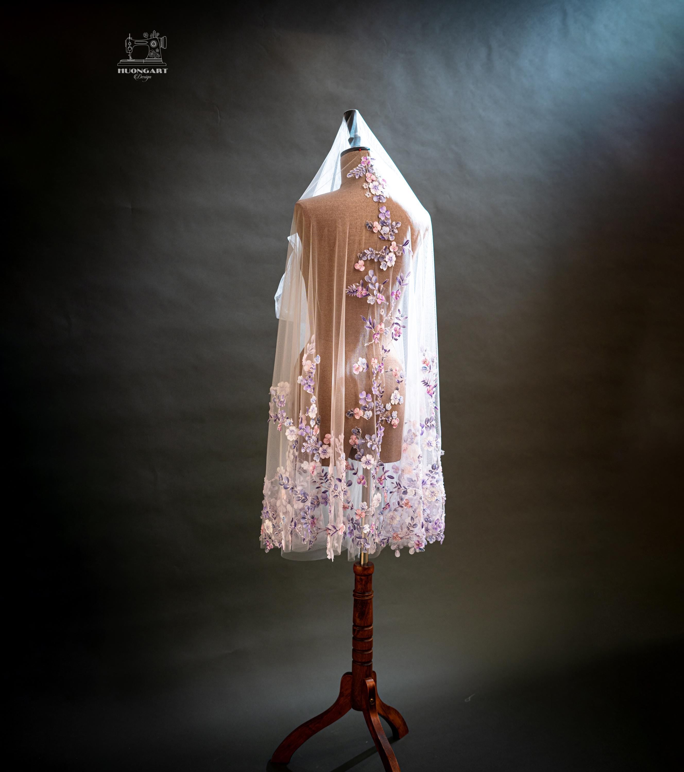 Beaded 3D Fabric Flower Bridal Veil | Lavender Floral Cathedral