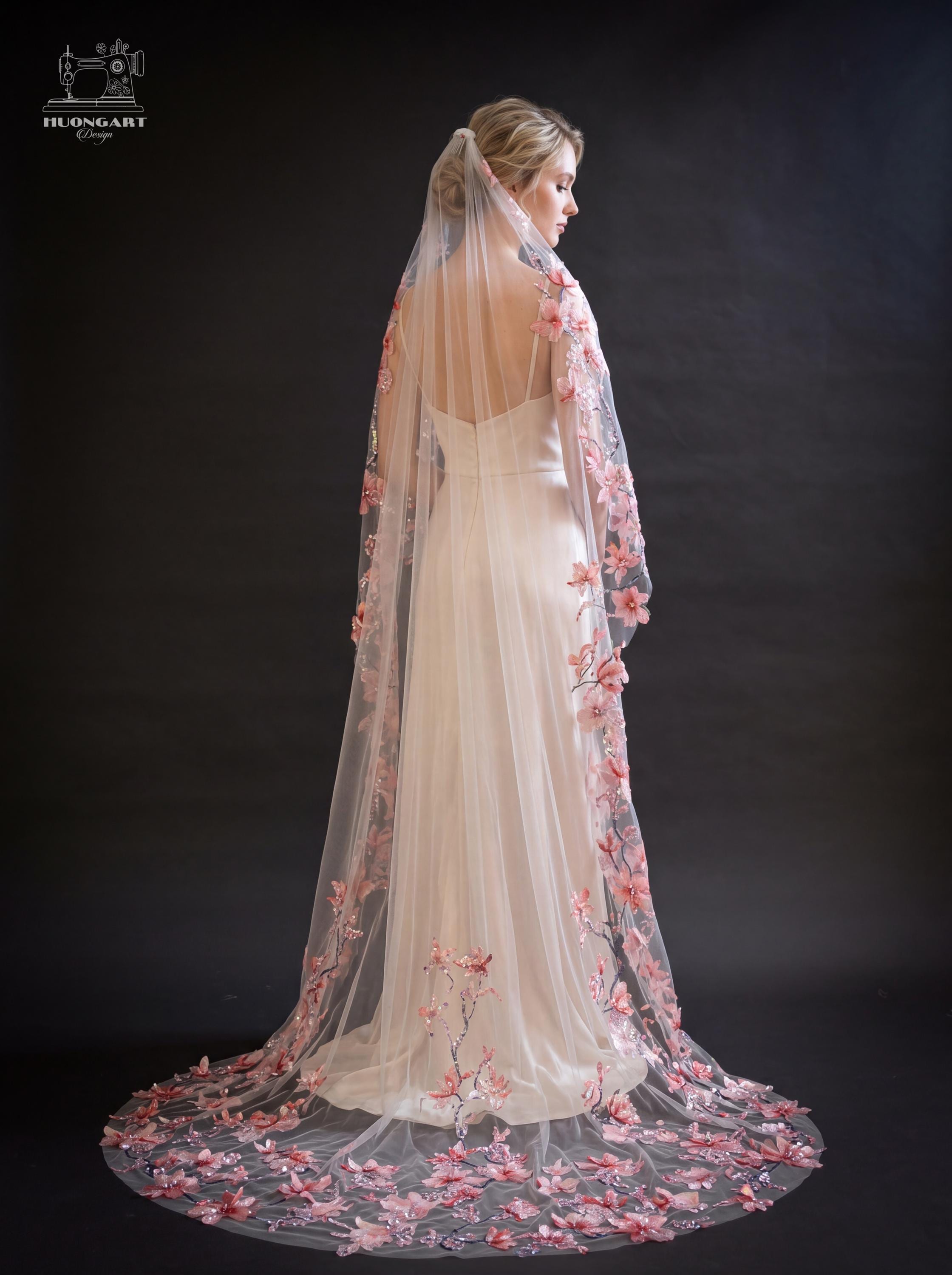 Cherry Blossom Beaded Bridal Veil | Coral Pink Waltz Drop Cut
