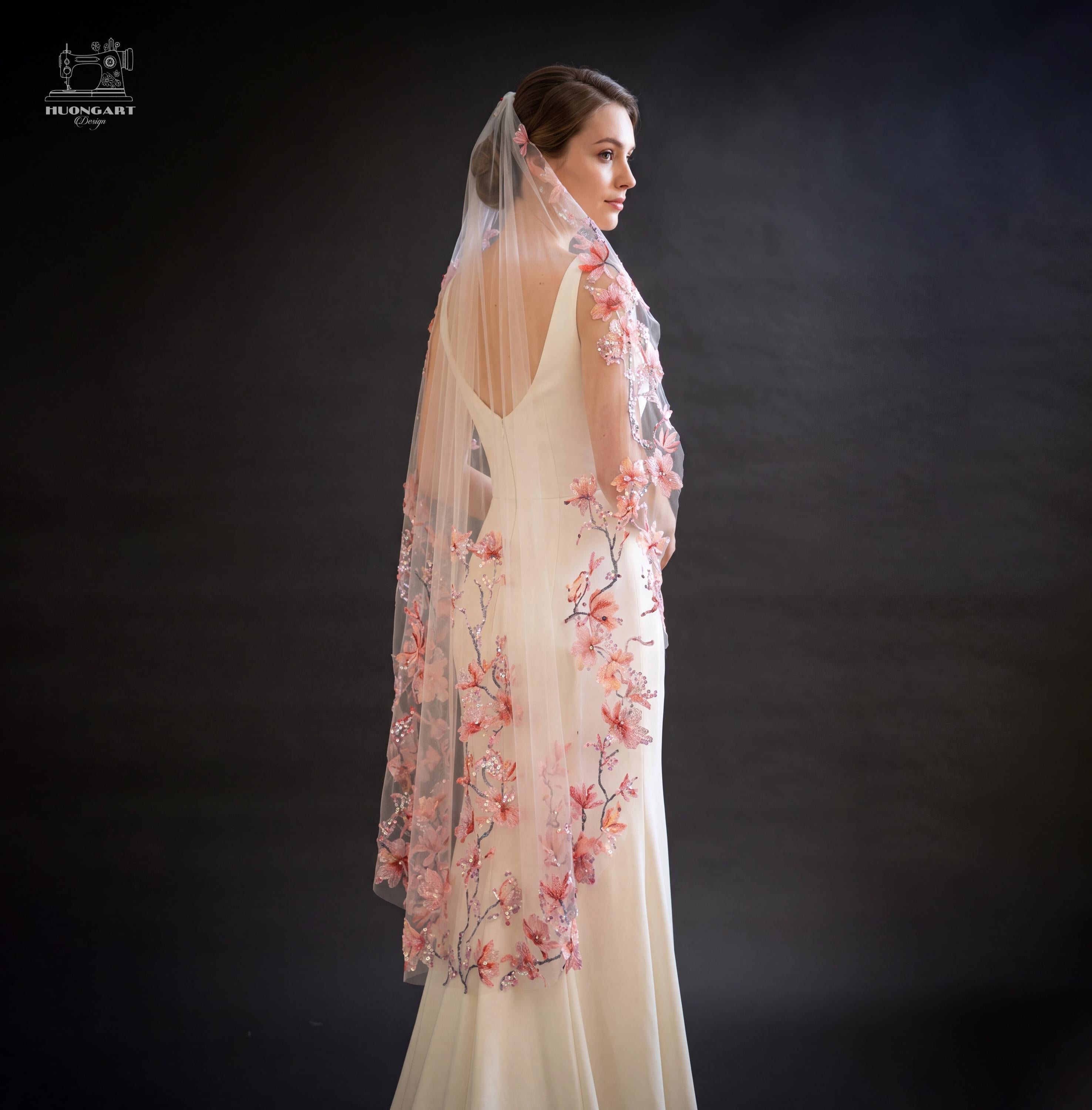 Cherry Blossom Beaded Bridal Veil | Coral Pink Waltz Drop Cut