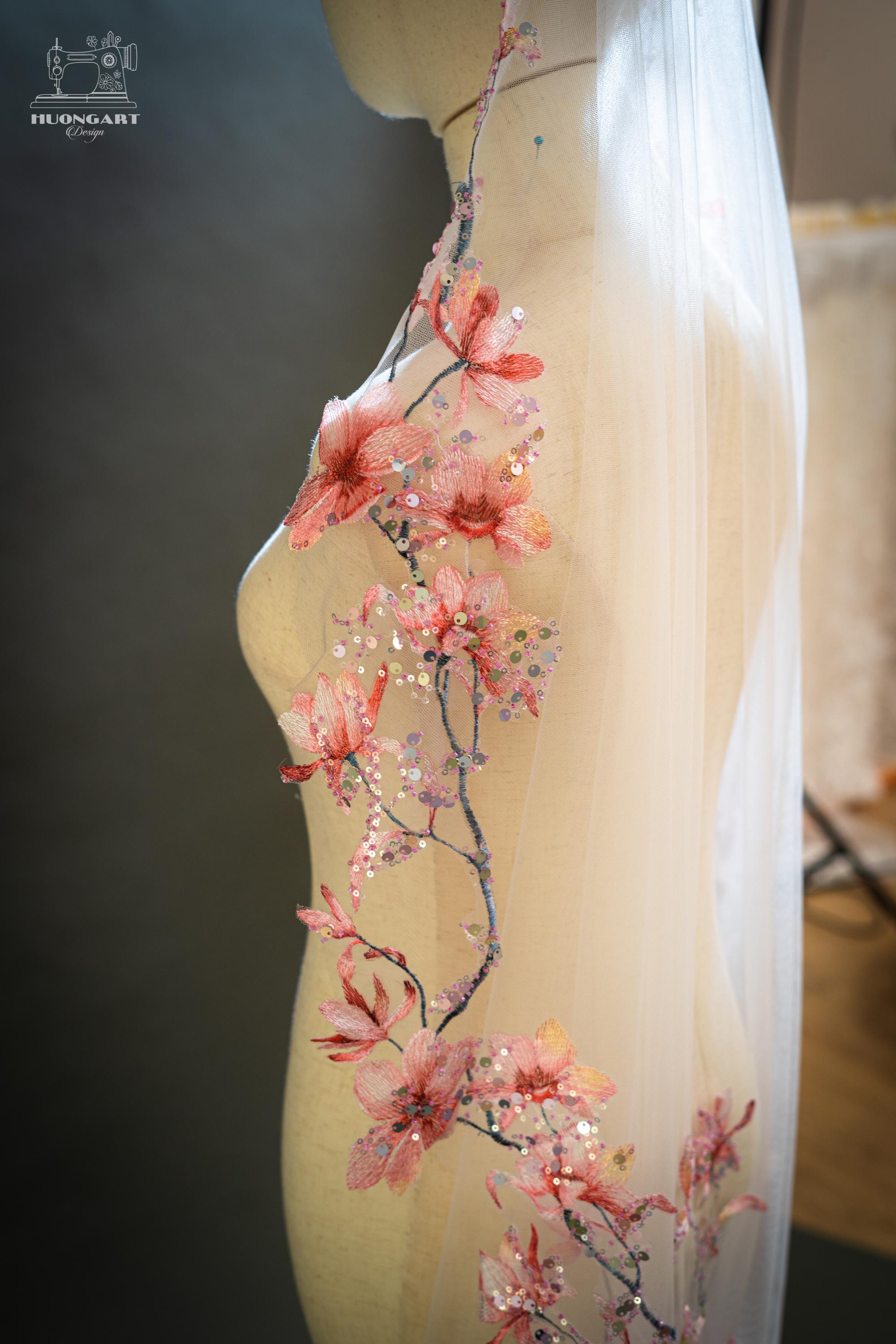 Cherry Blossom Beaded Bridal Veil | Coral Pink Waltz Drop Cut