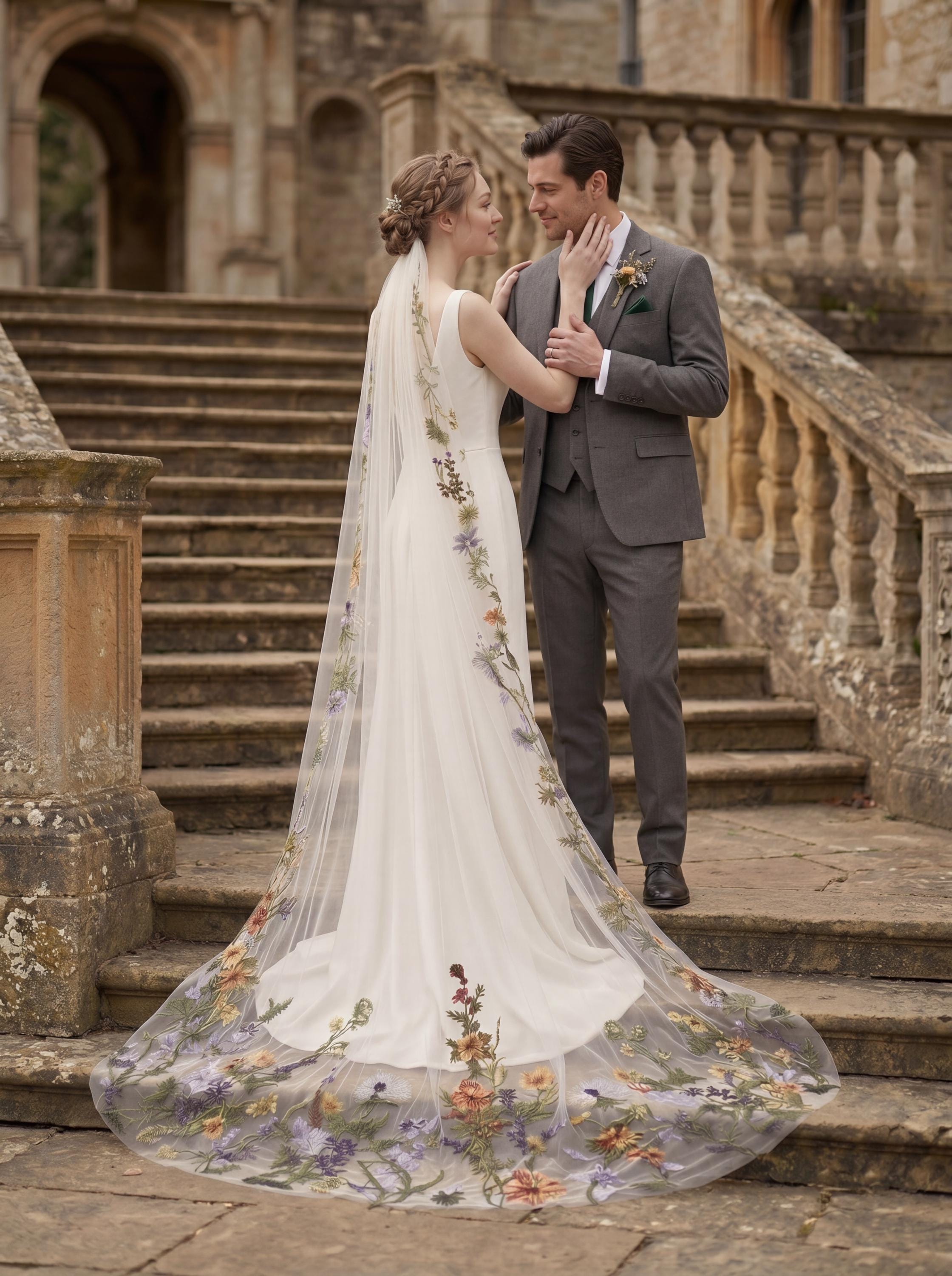 Colorful Wildflower Embroidered Wedding Veil – Cathedral Drop Cut