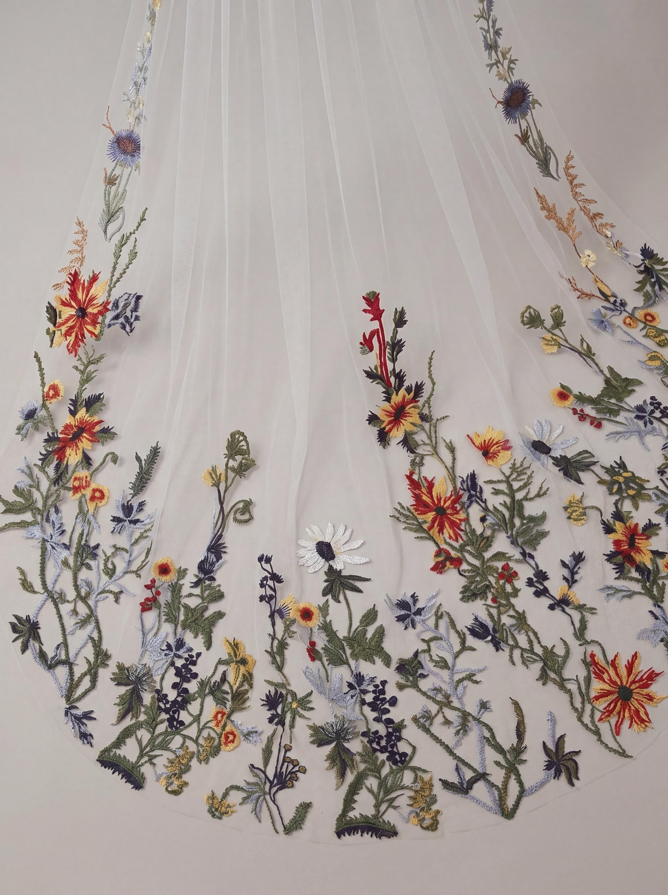 Colorful Wildflower Embroidered Wedding Veil – Cathedral Drop Cut