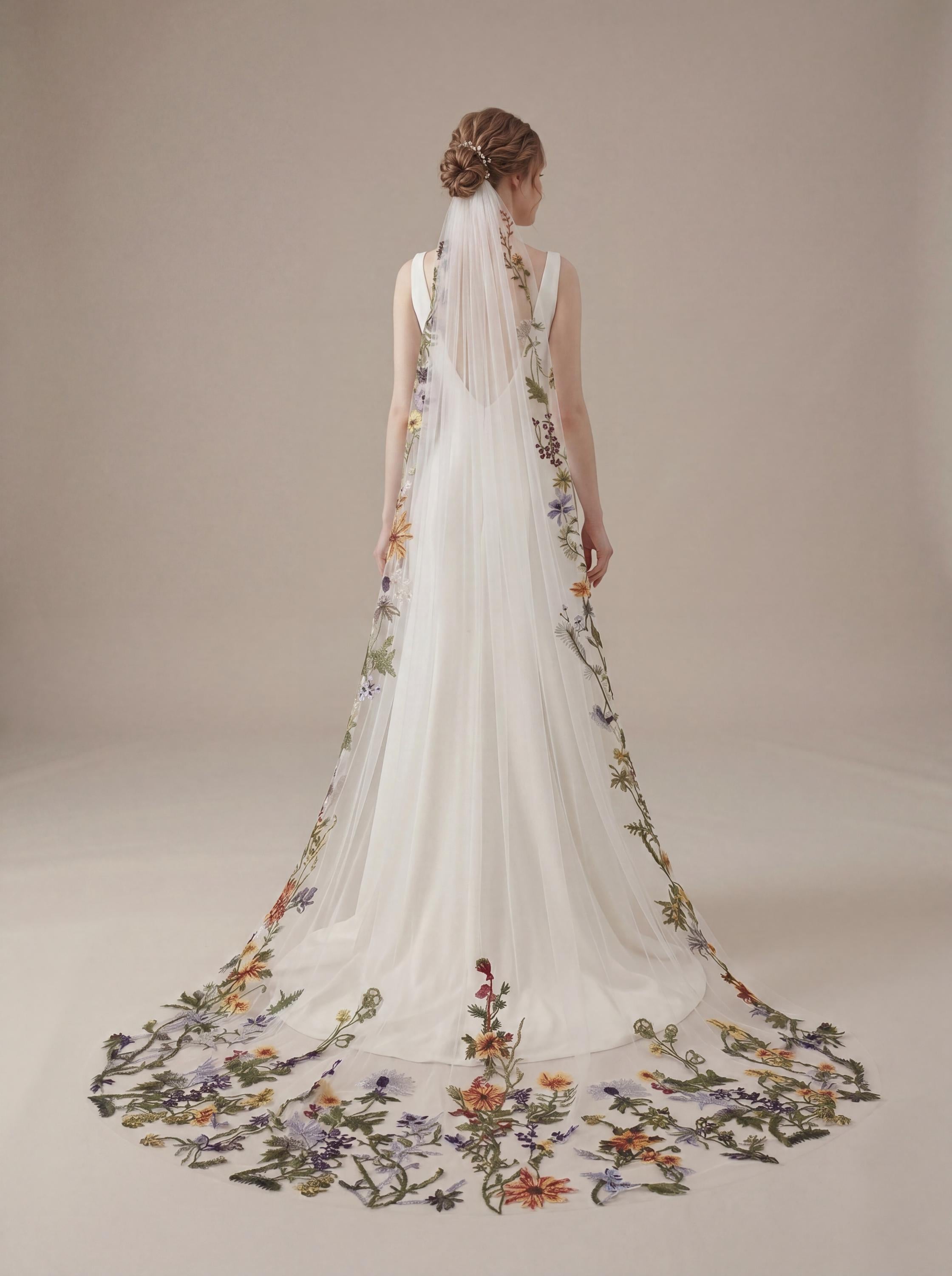 Colorful Wildflower Embroidered Wedding Veil – Cathedral Drop Cut