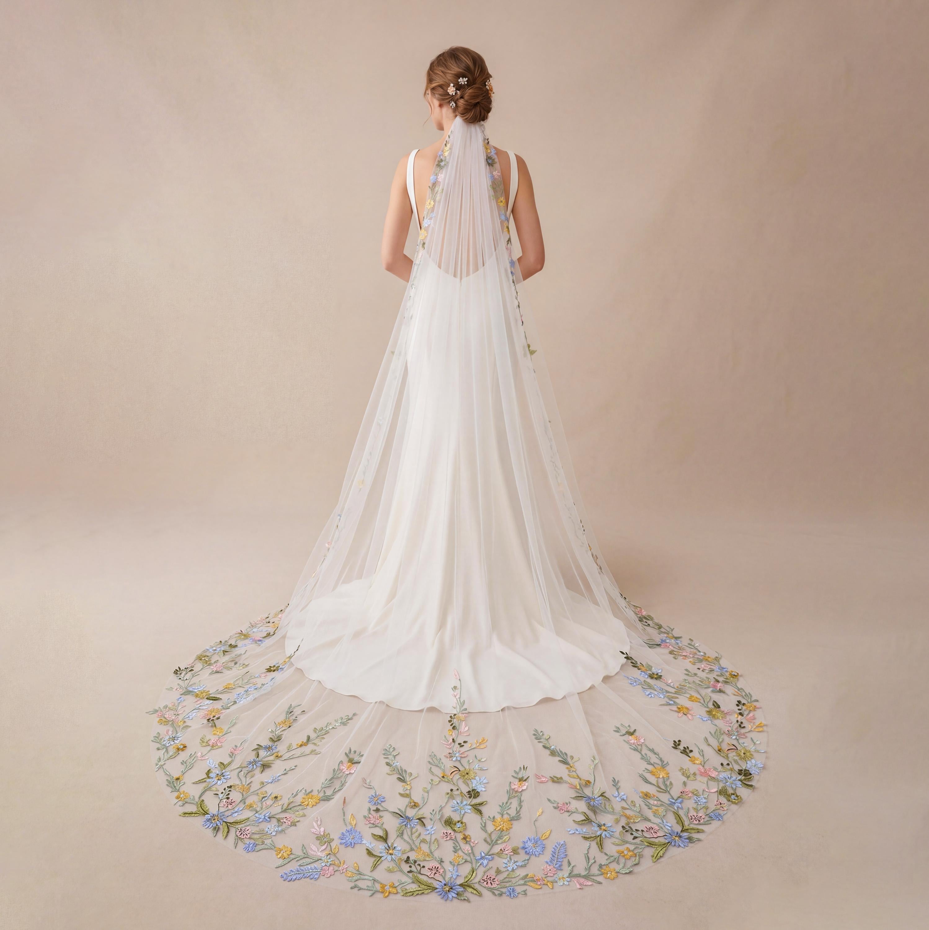 Pastel Floral Embroidered Wedding Veil – Blue & Pink Cathedral Drop