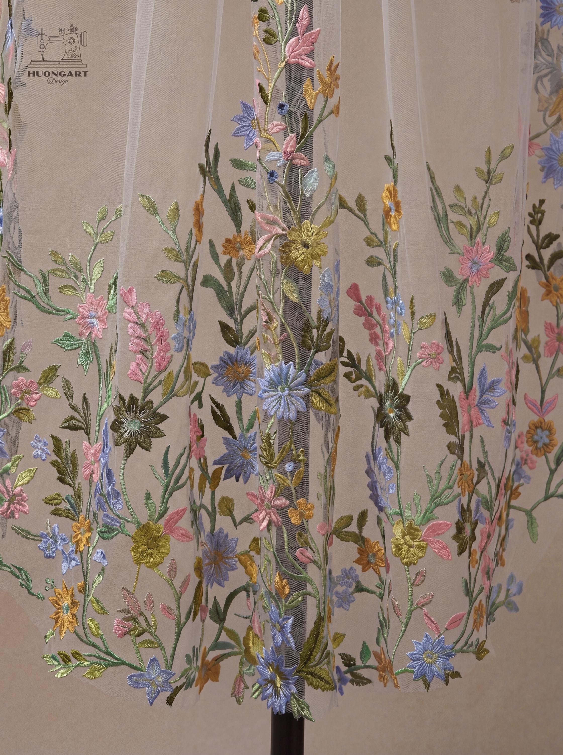 Pastel Floral Embroidered Wedding Veil – Blue & Pink Cathedral Drop