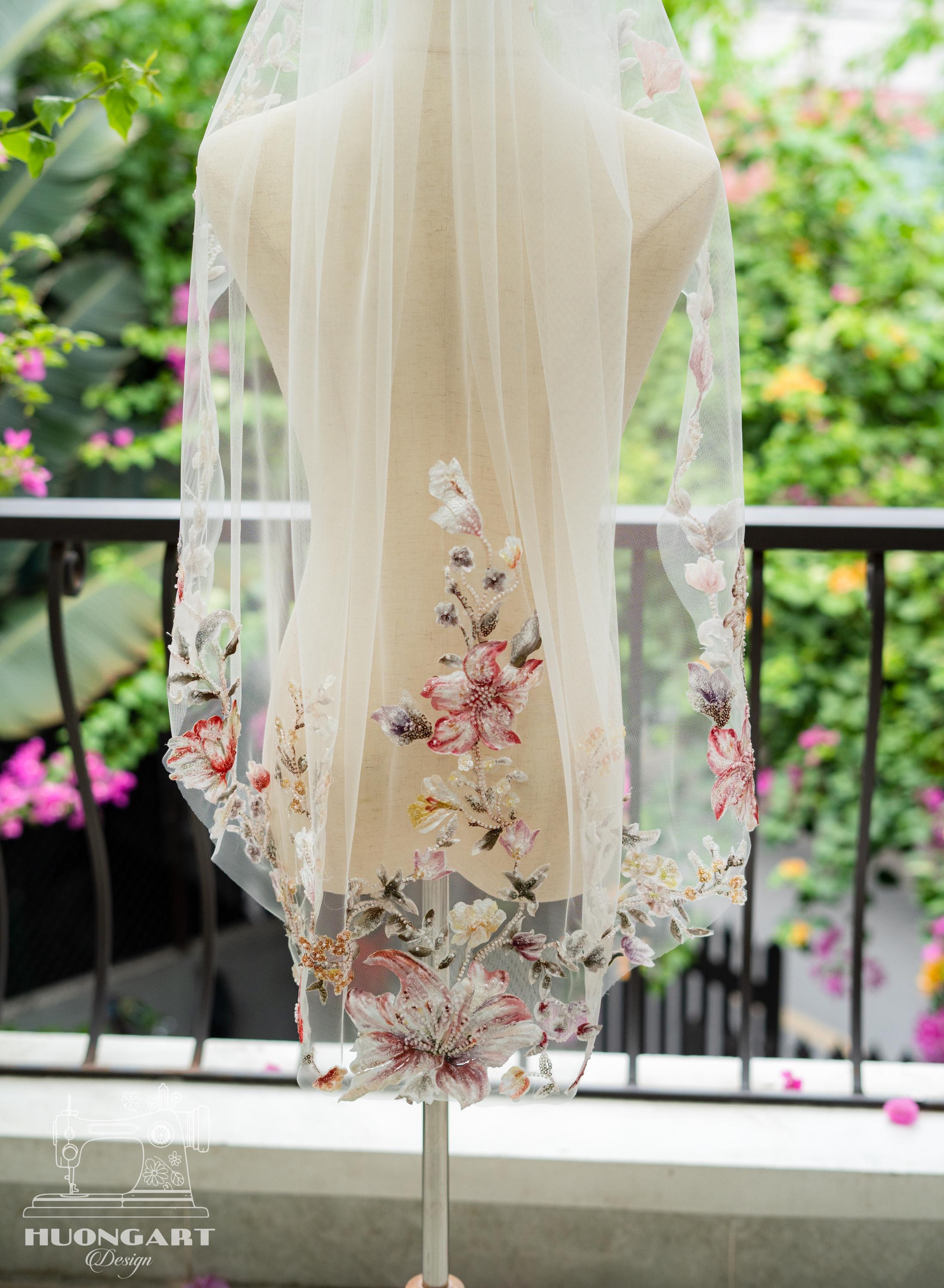 Colorful 3D Floral Wedding Veil – Botanical Cathedral Length