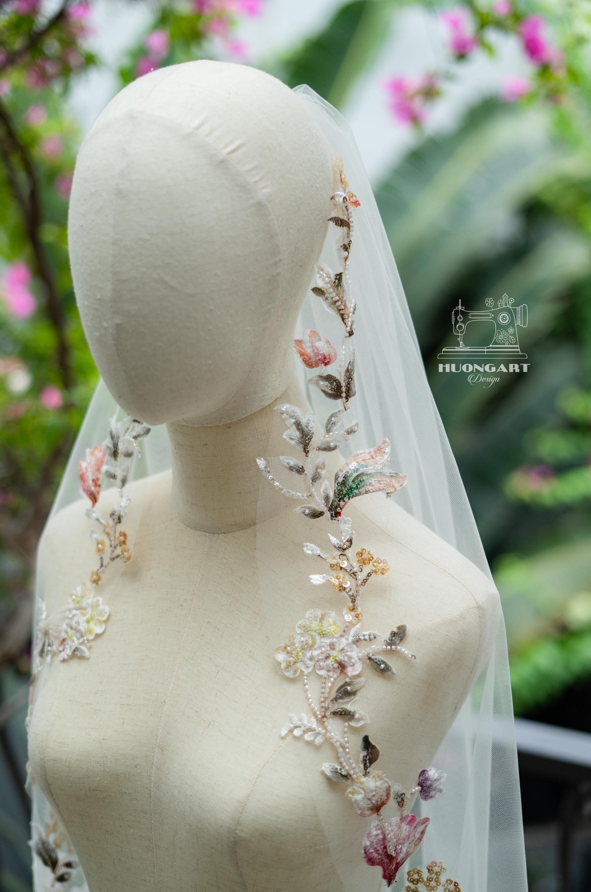 Colorful 3D Floral Wedding Veil – Botanical Cathedral Length