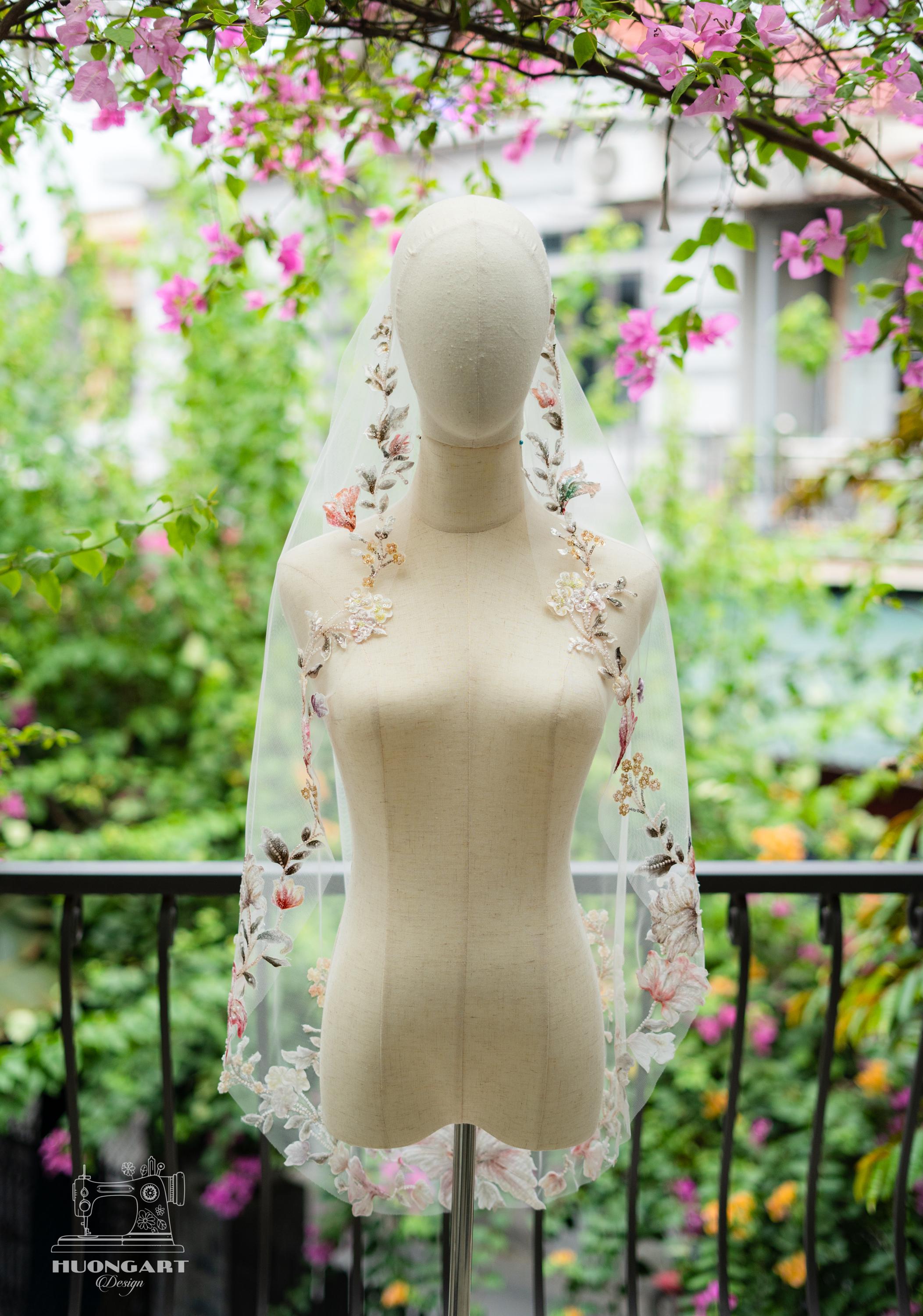 Colorful 3D Floral Wedding Veil – Botanical Cathedral Length