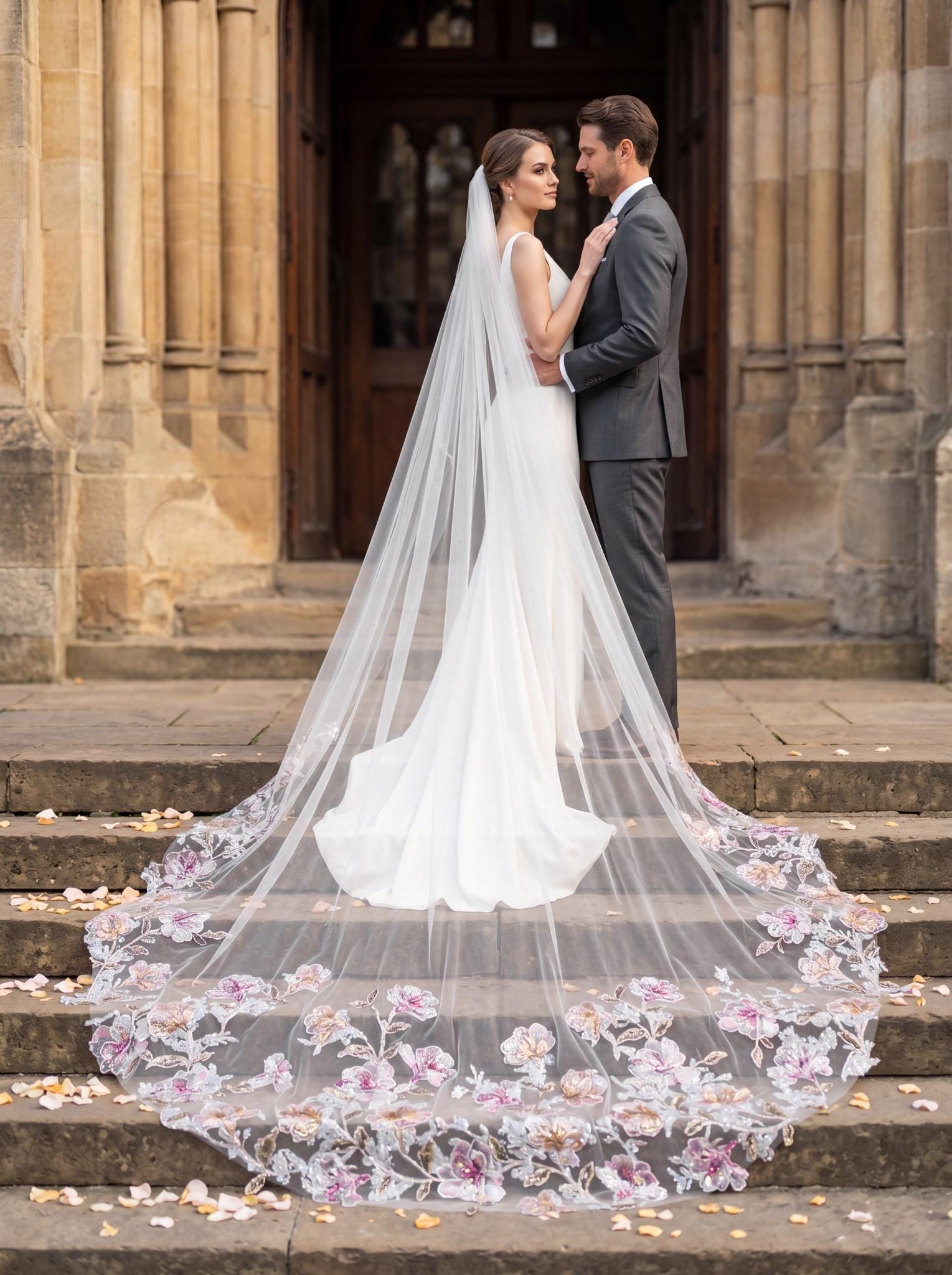 Pastel Floral Embroidered Wedding Veil – Colorful Sequin Cathedral