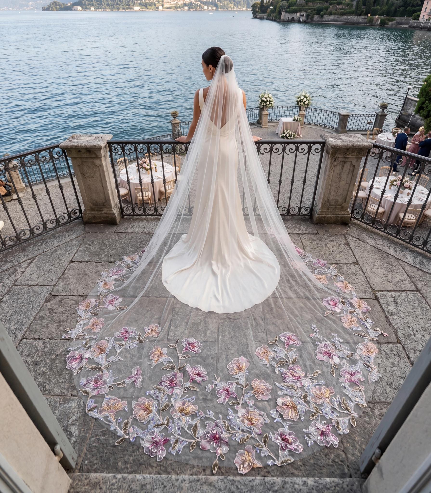 Pastel Floral Embroidered Wedding Veil – Colorful Sequin Cathedral