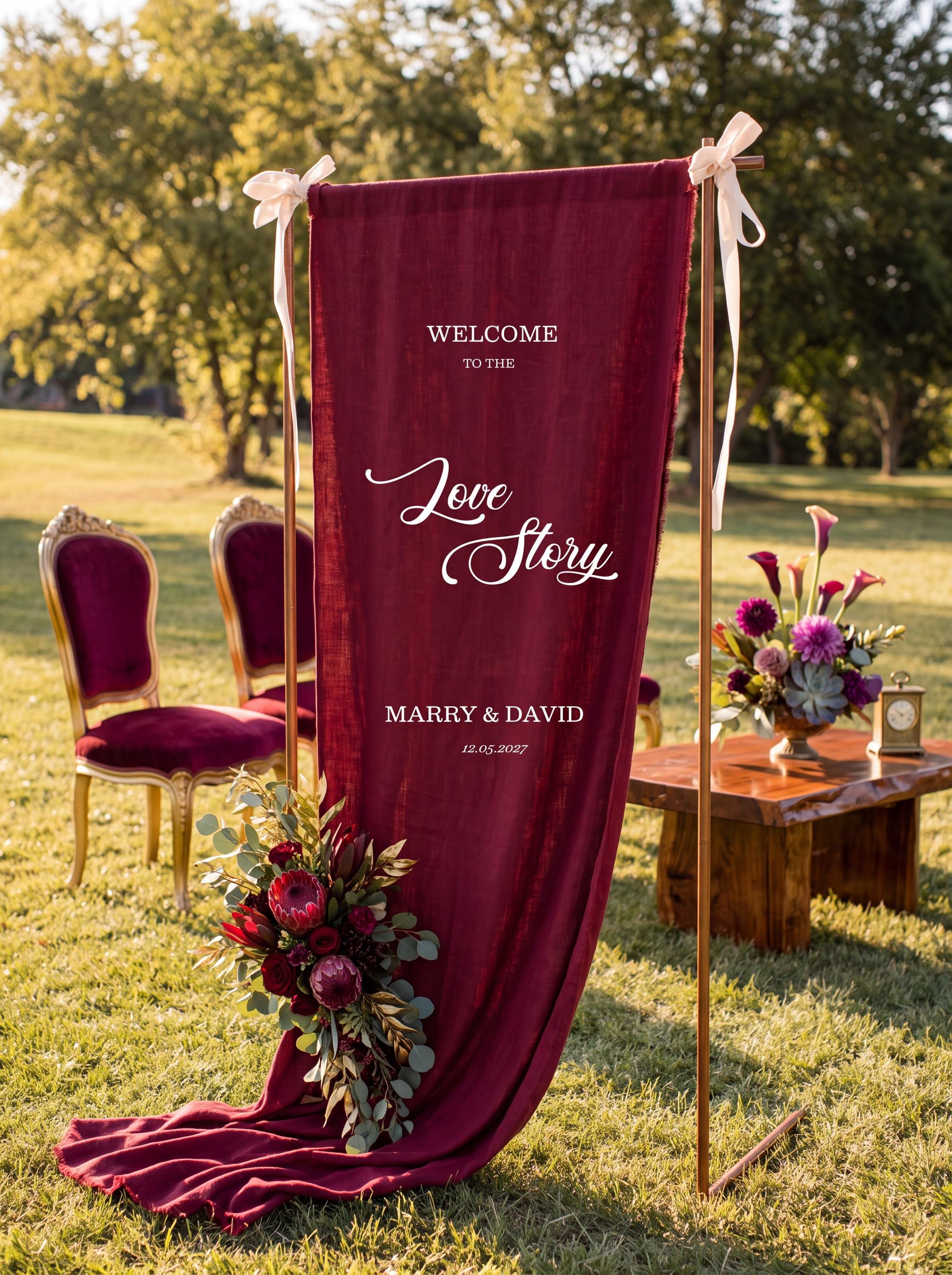 Burgundy Linen Wedding Welcome Banner | Personalized Fabric Sign