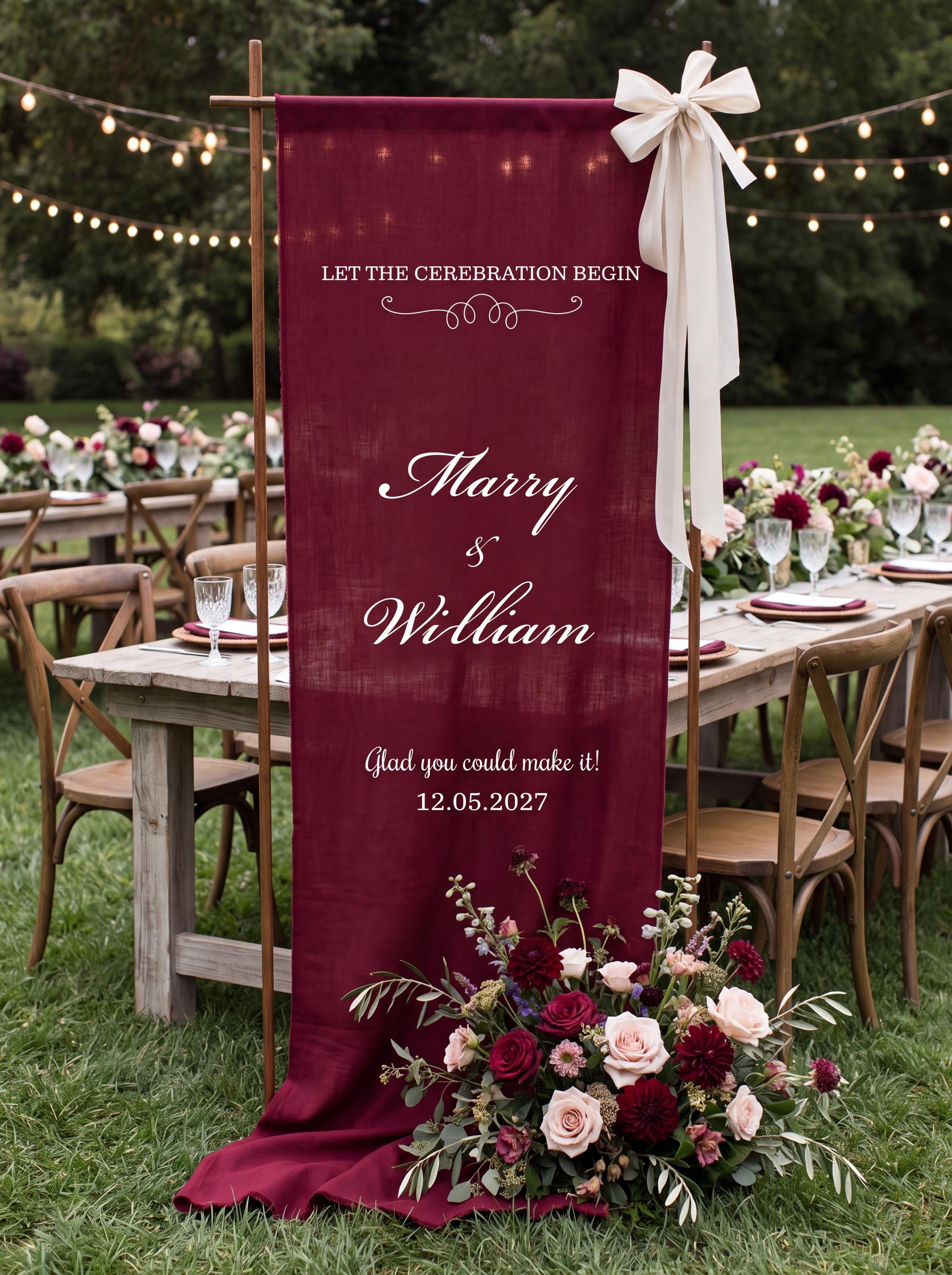 Burgundy Linen Wedding Welcome Banner | Personalized Fabric Sign