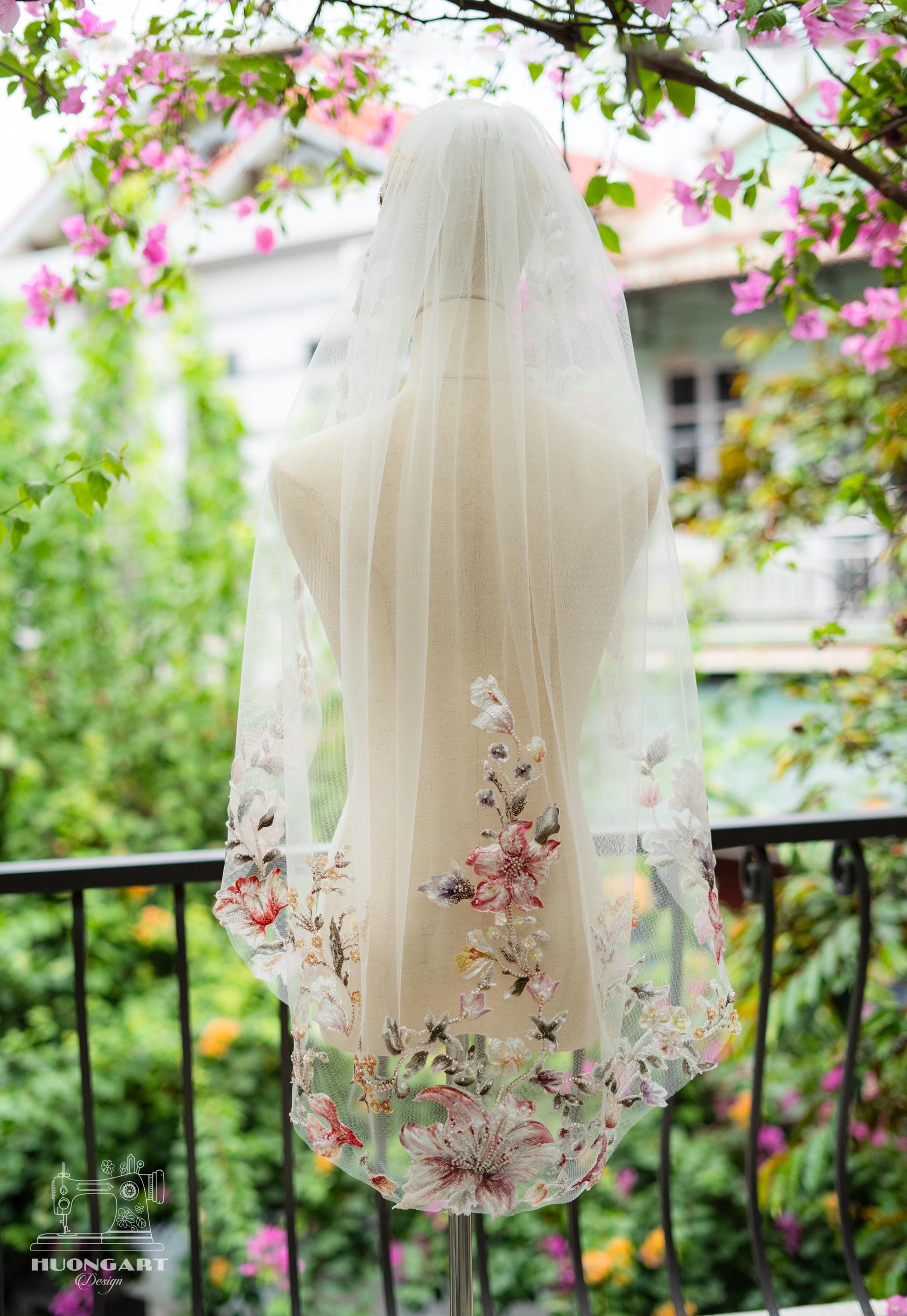 Colorful 3D Floral Wedding Veil – Botanical Cathedral Length