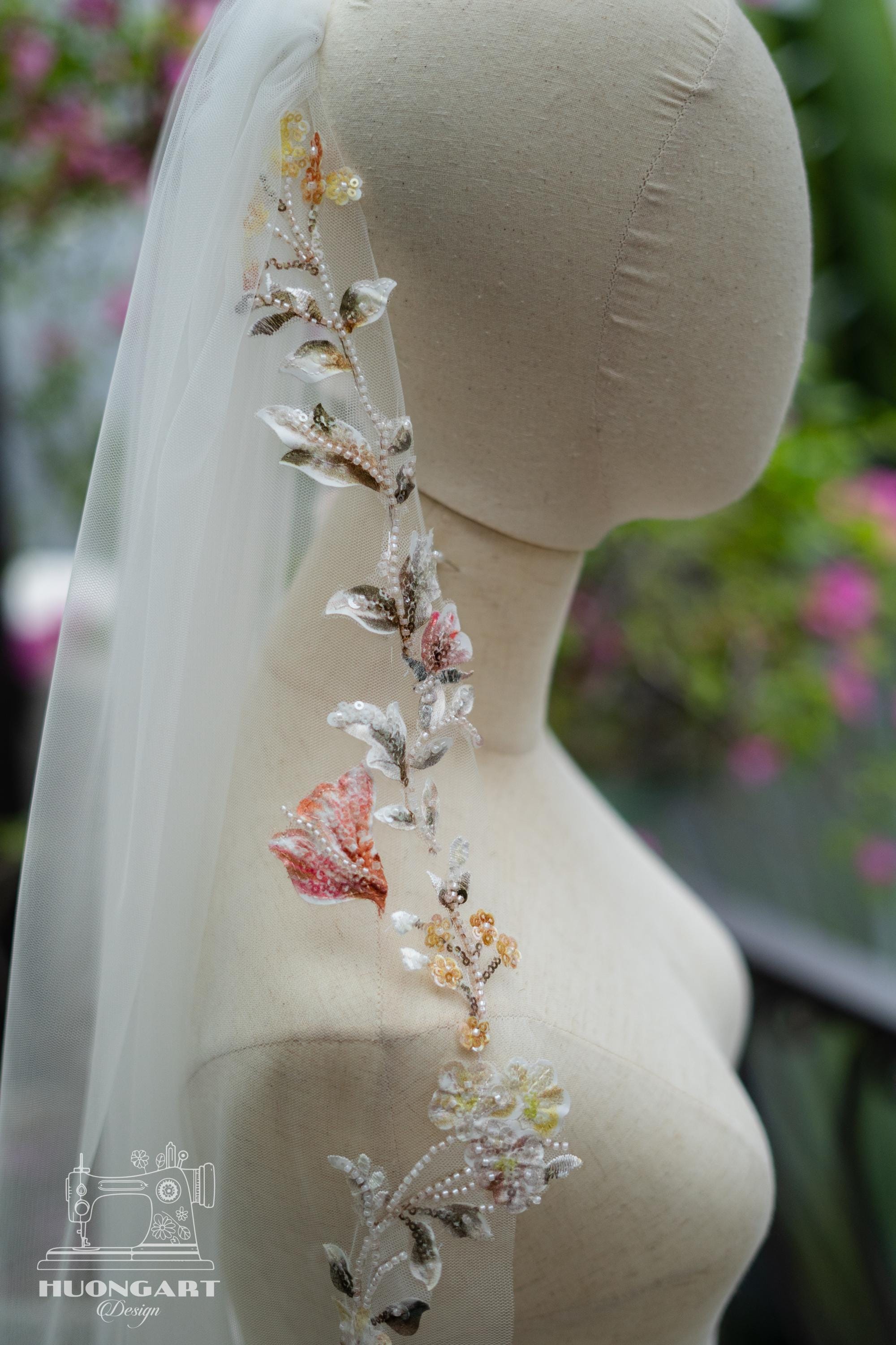 Colorful 3D Floral Wedding Veil – Botanical Cathedral Length