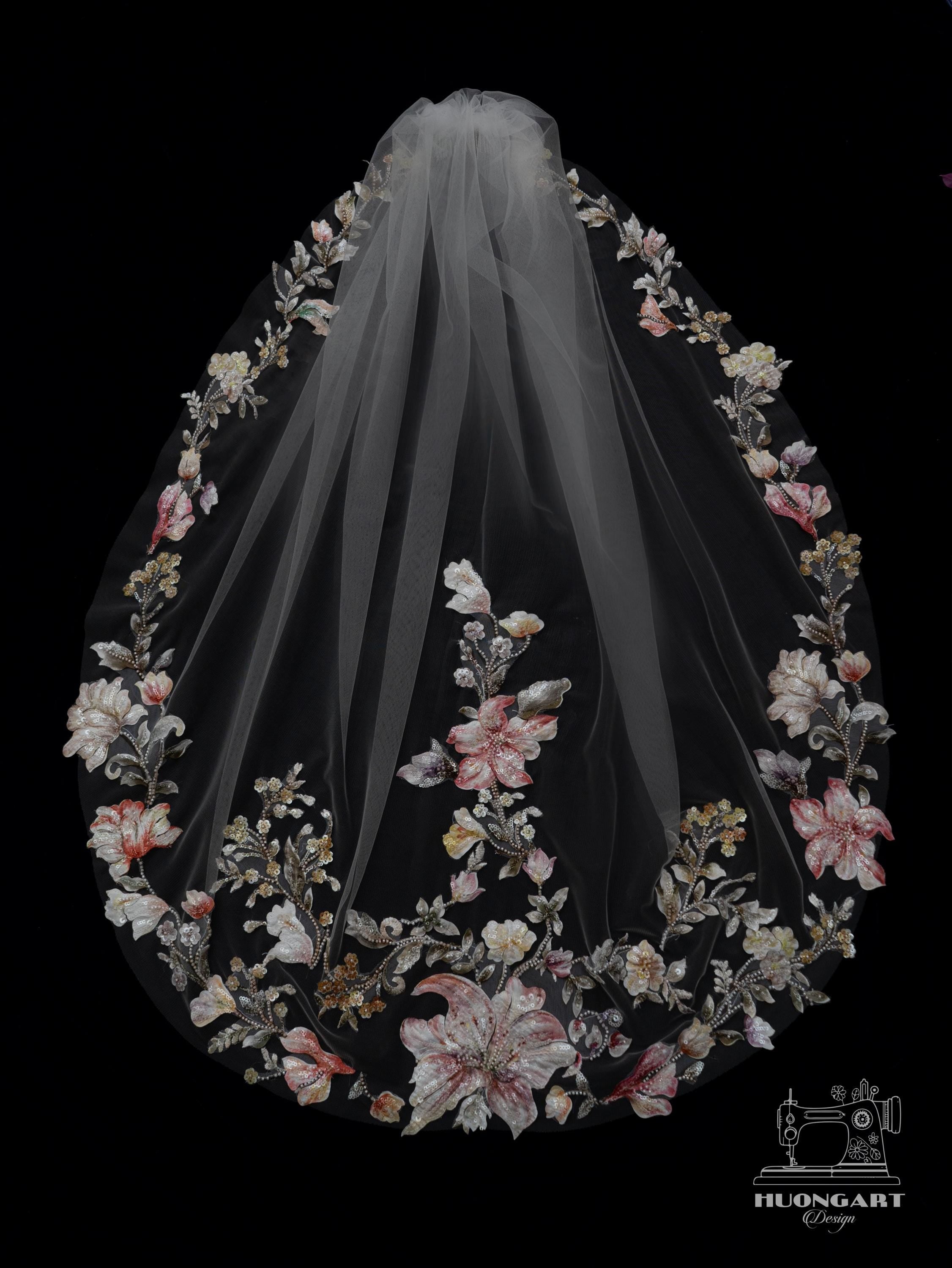 Colorful 3D Floral Wedding Veil – Botanical Cathedral Length