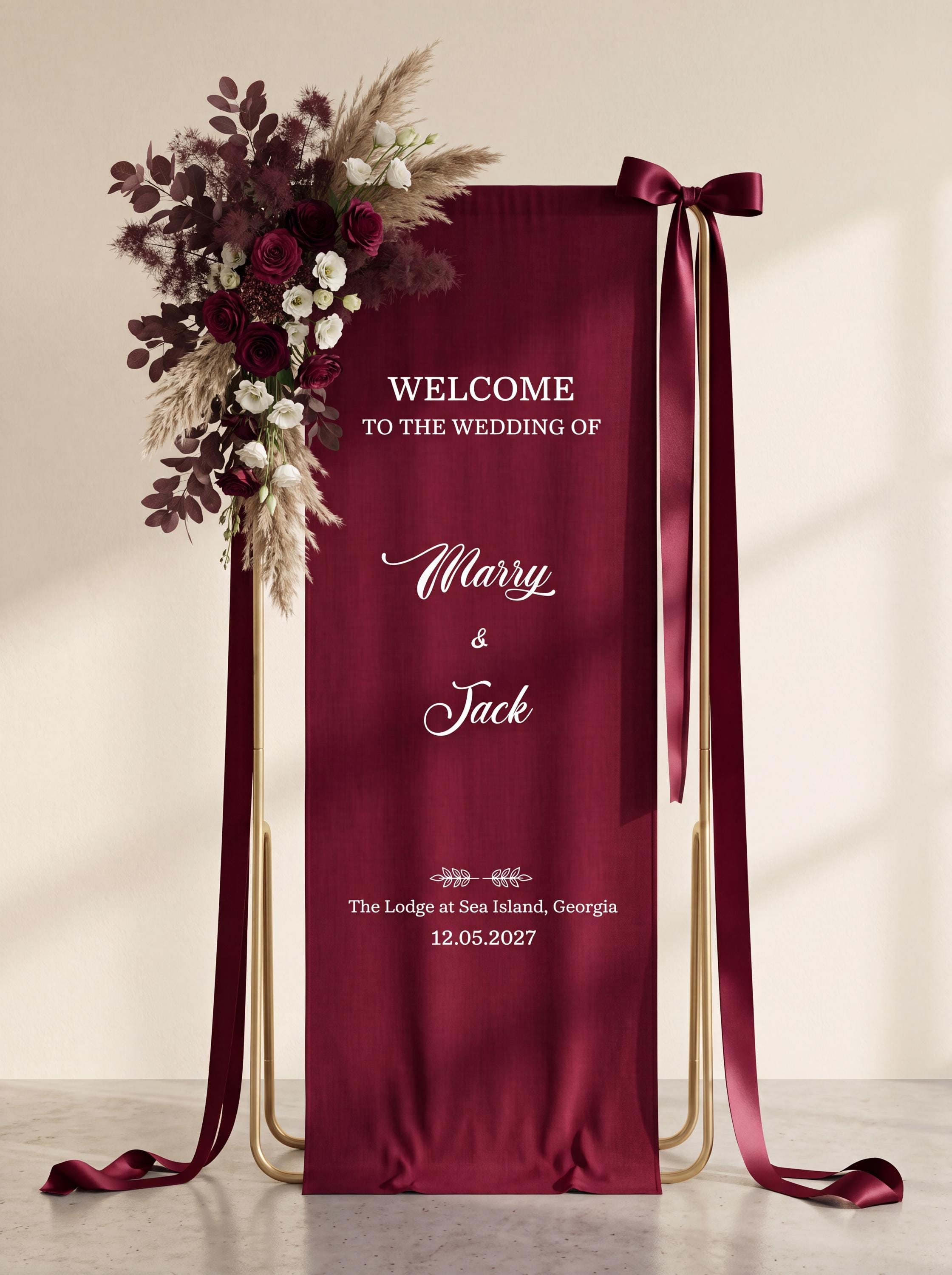 Burgundy Linen Wedding Welcome Banner | Personalized Fabric Sign