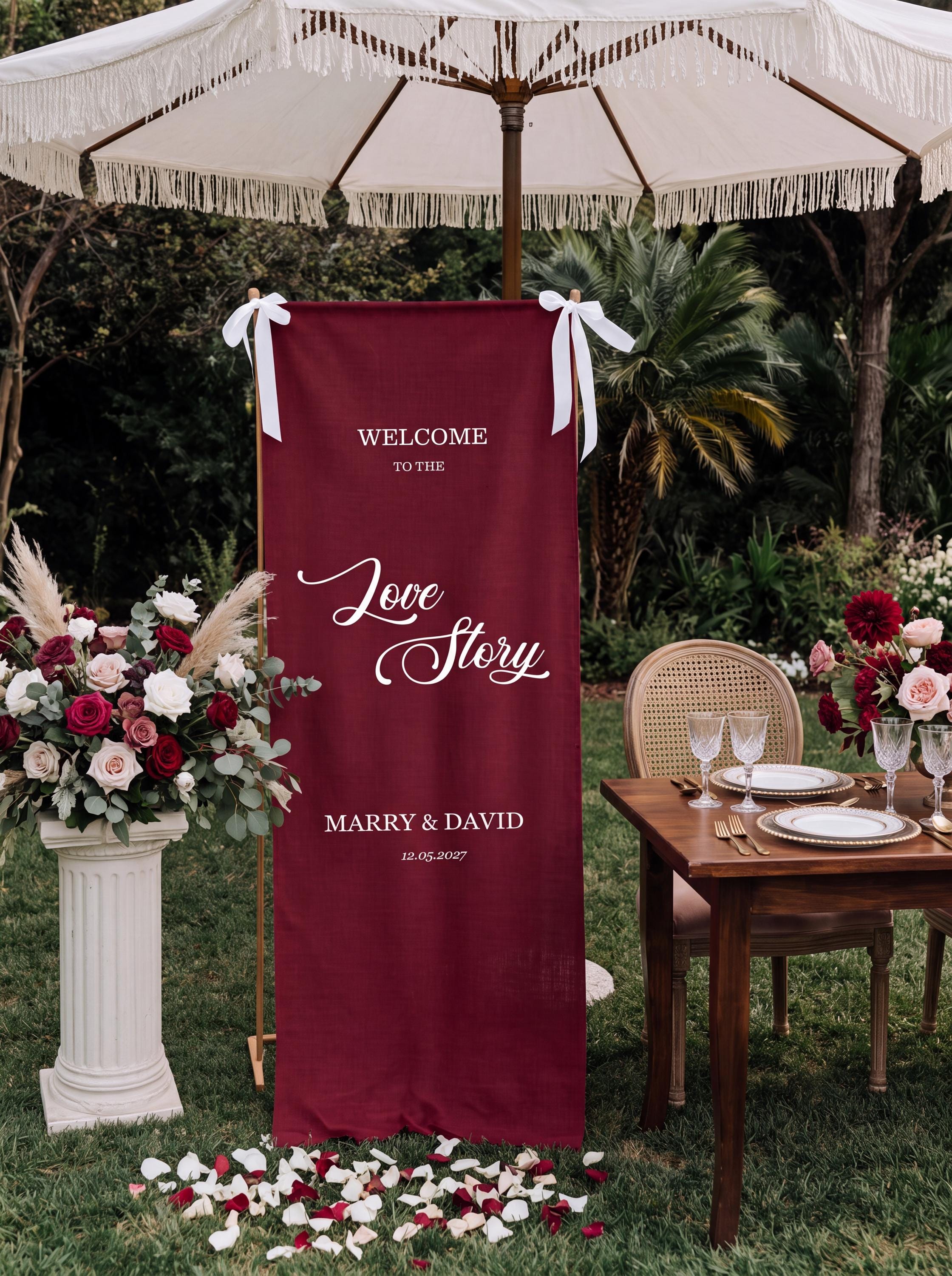 Burgundy Linen Wedding Welcome Banner | Personalized Fabric Sign