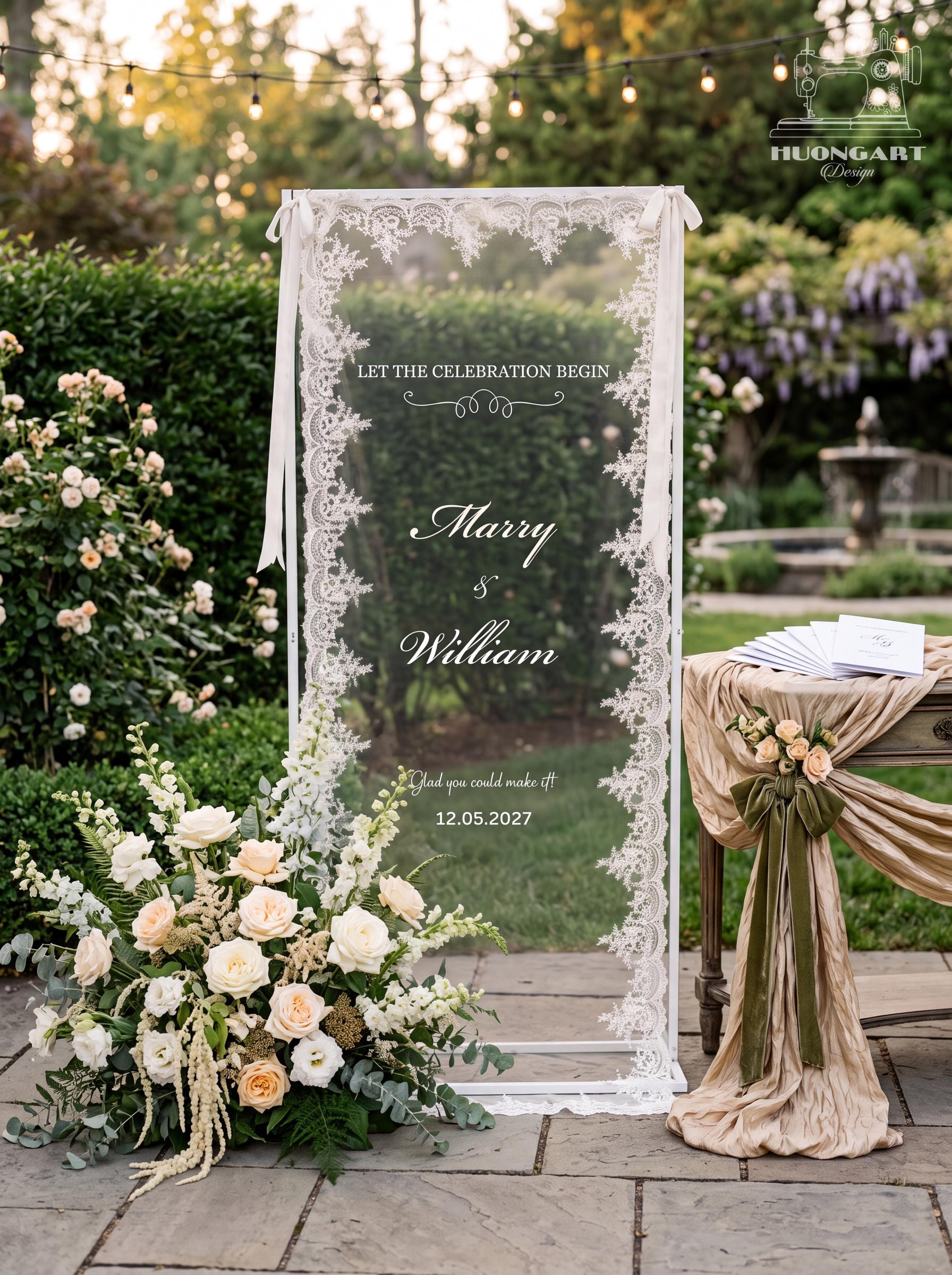Custom Sheer Tulle Wedding Sign | Hanging Lace Welcome Banner
