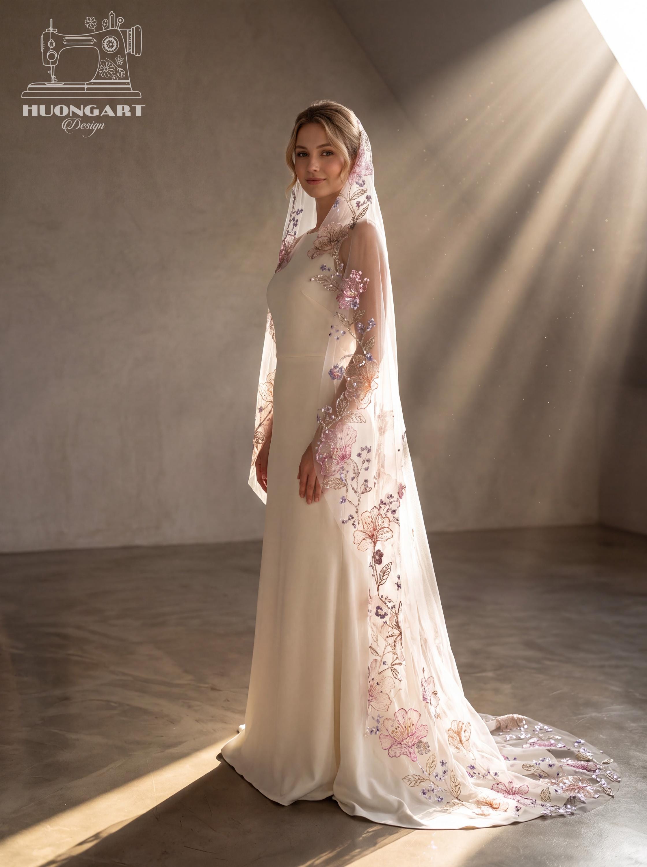 Floral Embroidered Sequin Bridal Veil | Cathedral Length