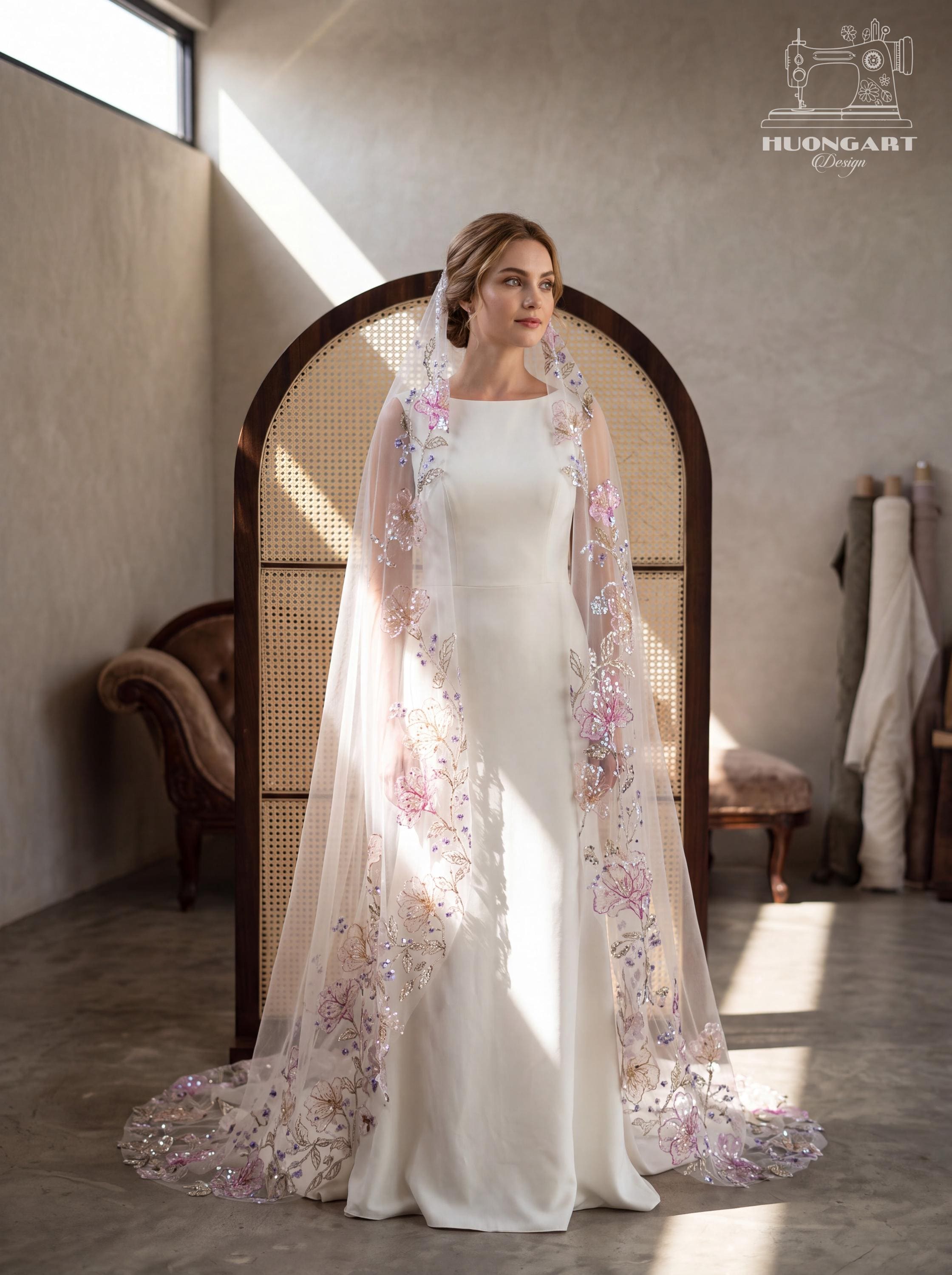 Floral Embroidered Sequin Bridal Veil | Cathedral Length