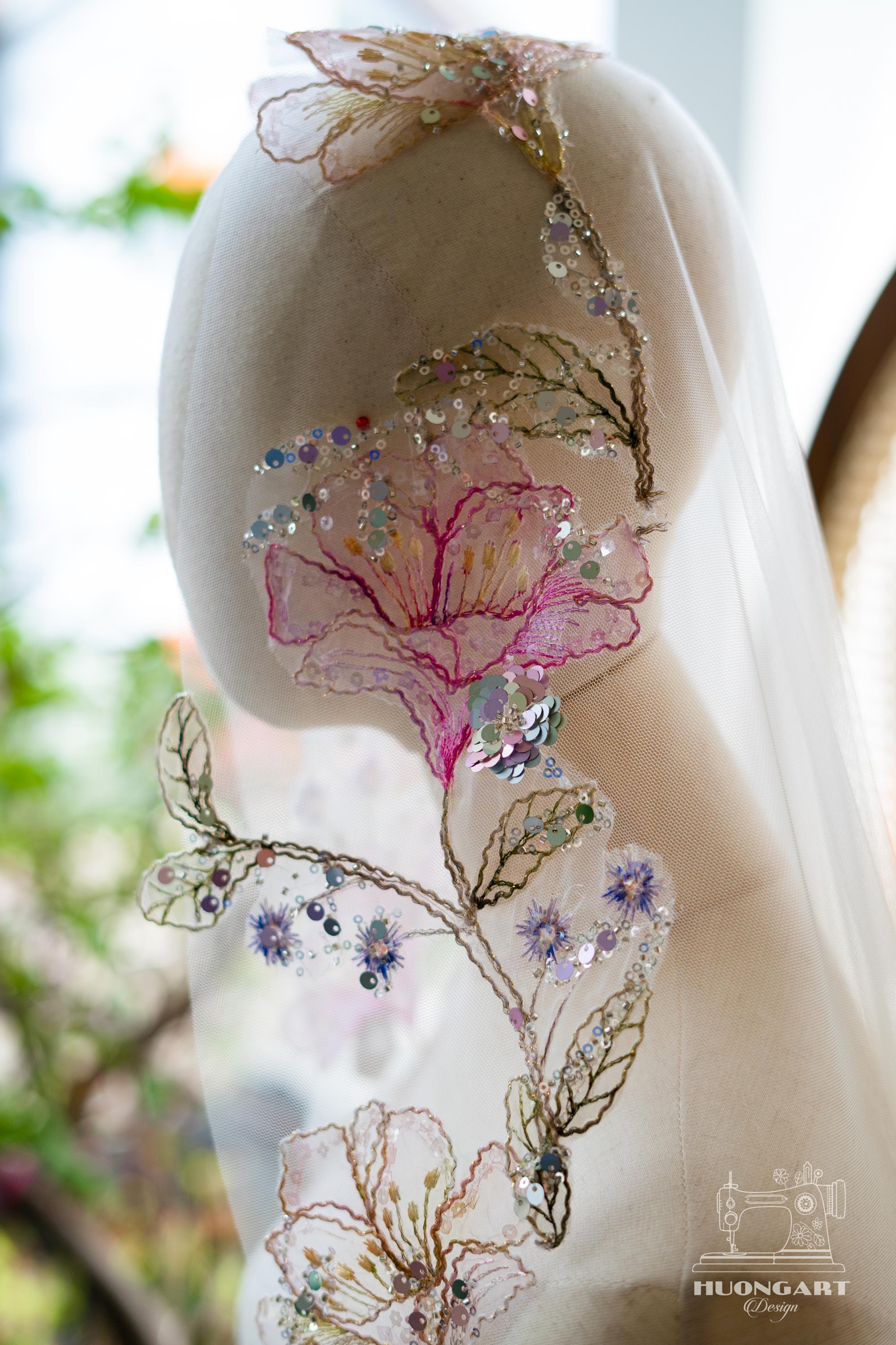 Floral Embroidered Sequin Bridal Veil | Cathedral Length