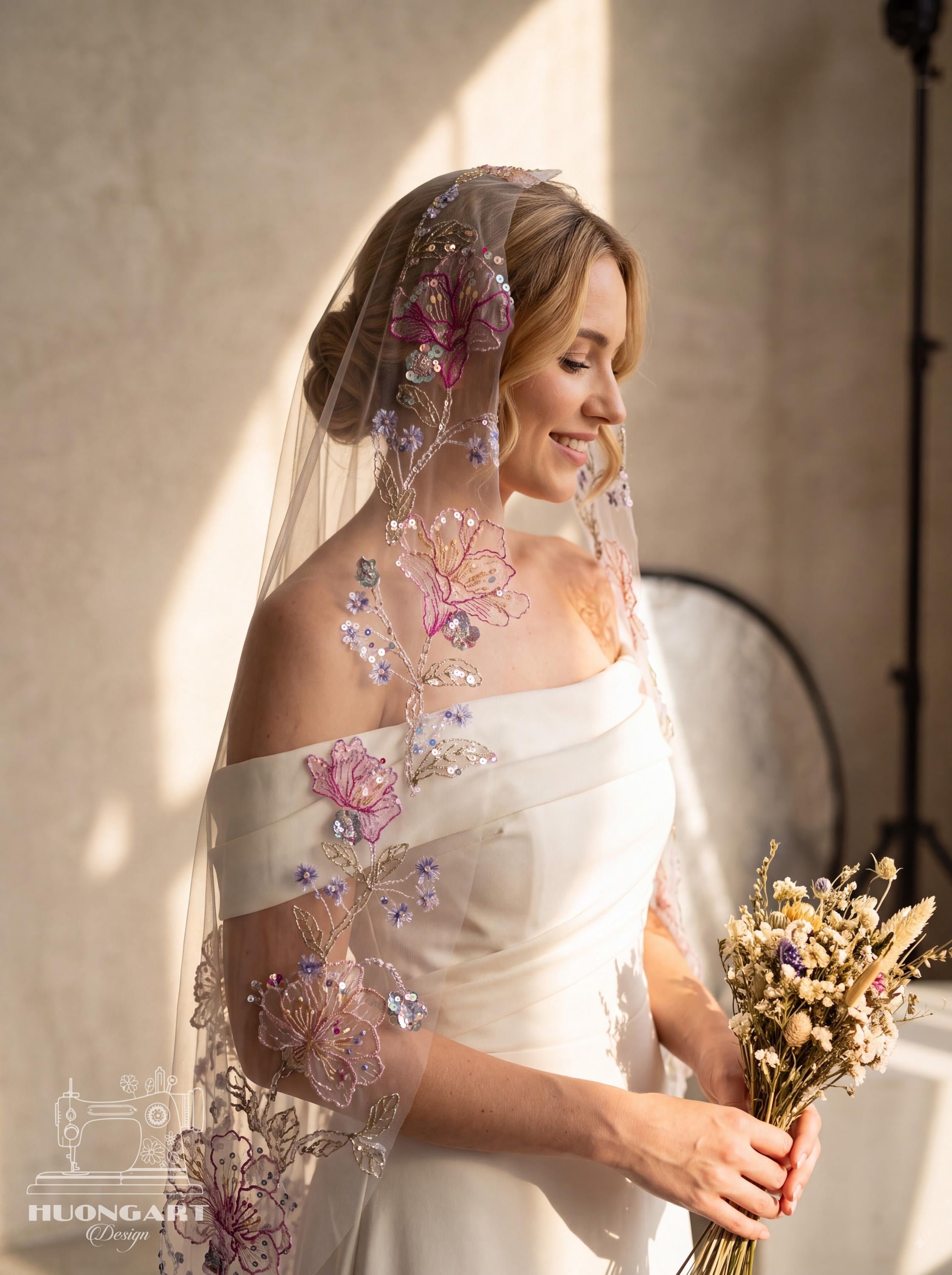 Floral Embroidered Sequin Bridal Veil | Cathedral Length