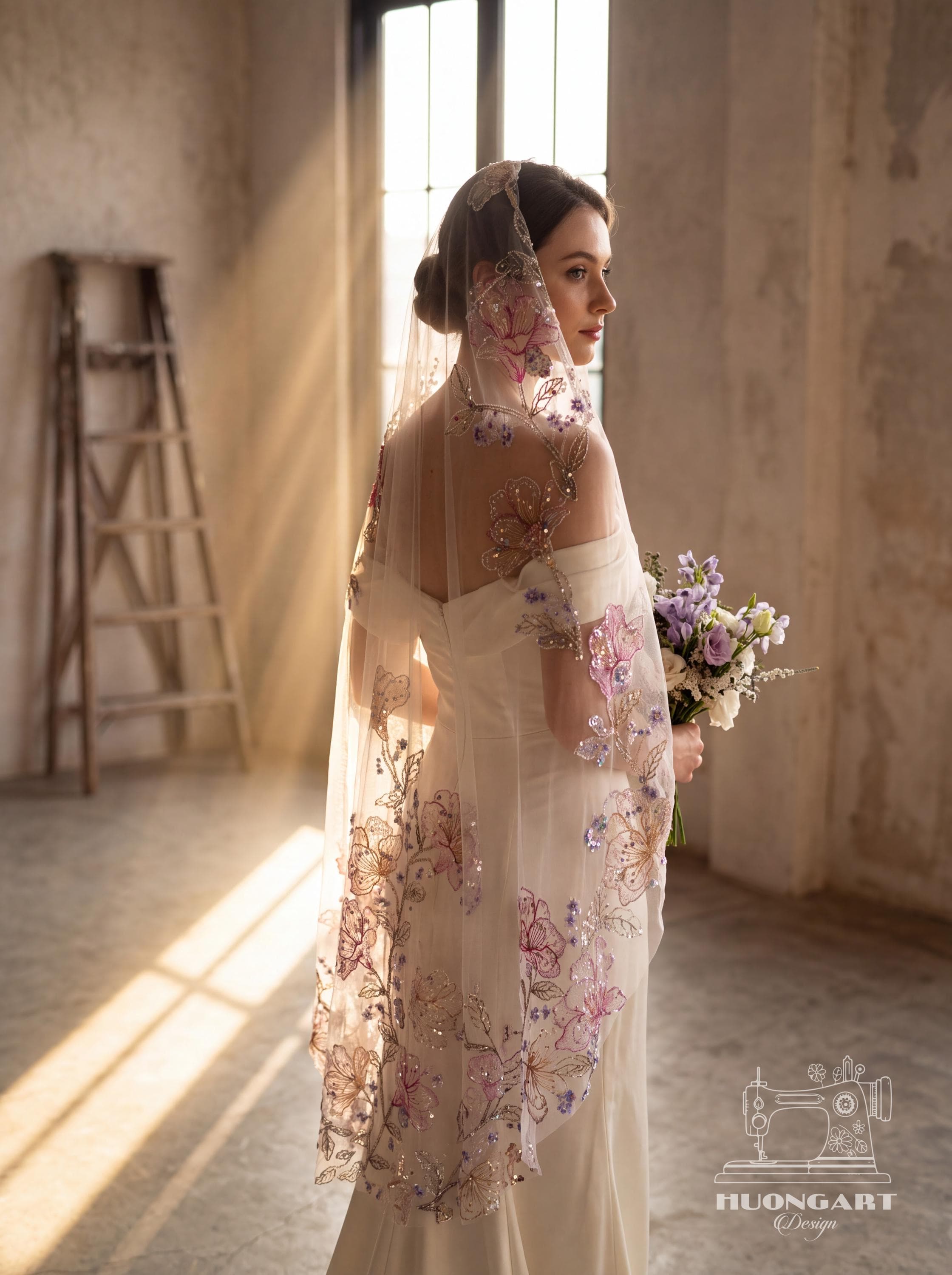 Floral Embroidered Sequin Bridal Veil | Cathedral Length