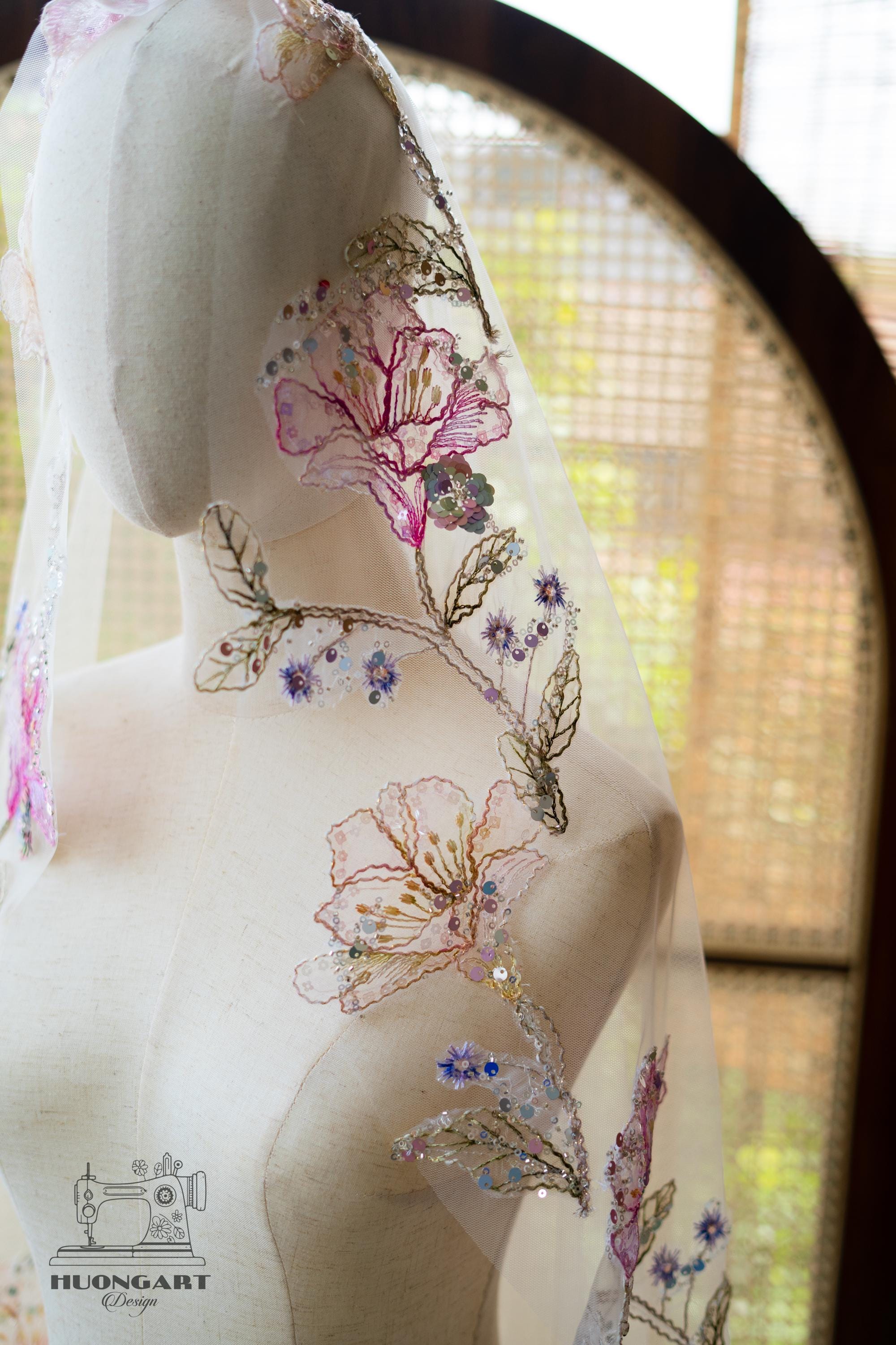 Floral Embroidered Sequin Bridal Veil | Cathedral Length