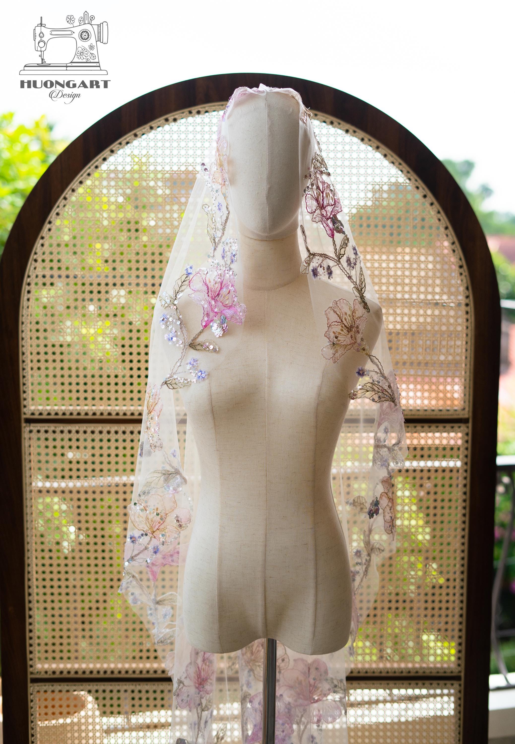 Floral Embroidered Sequin Bridal Veil | Cathedral Length