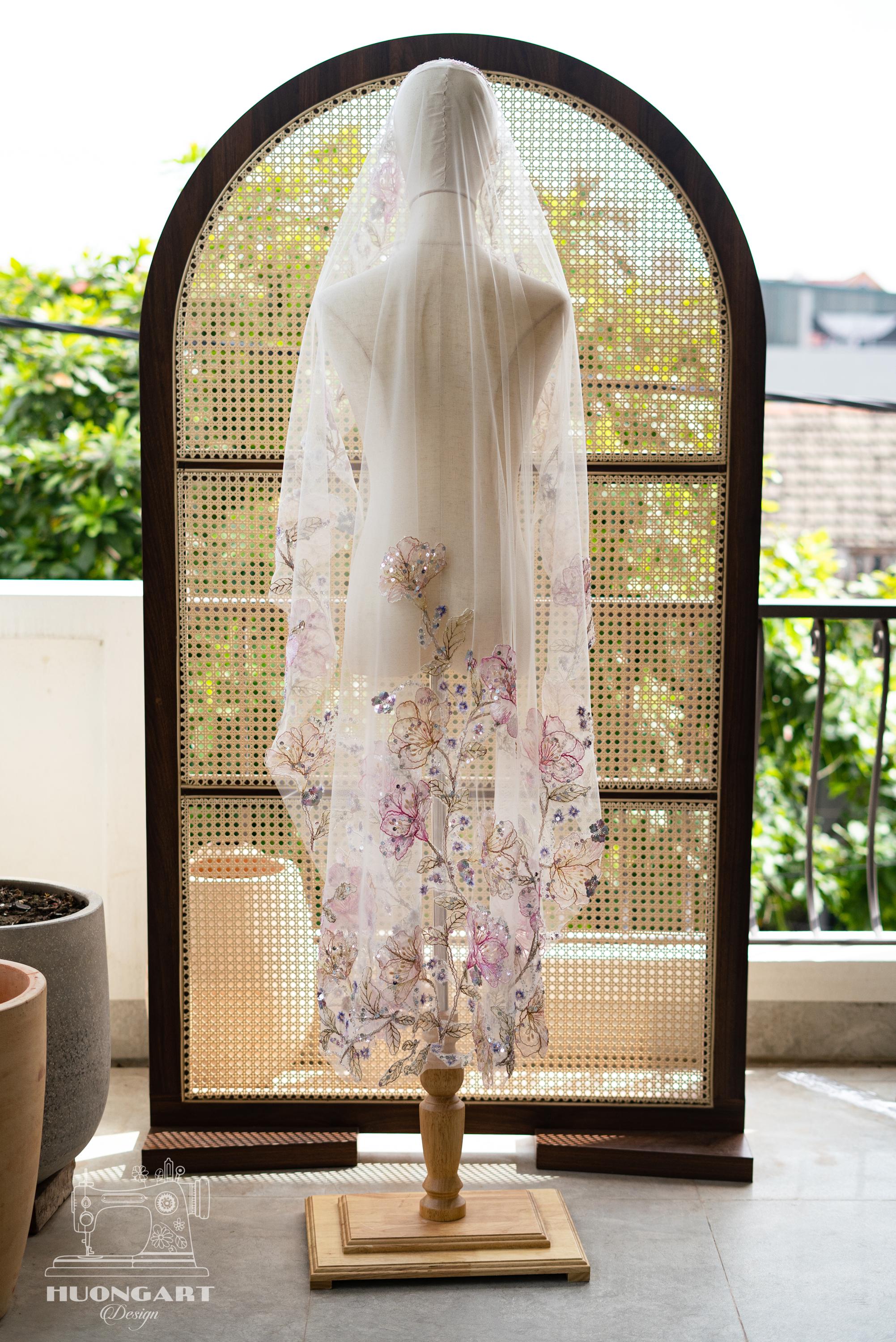 Floral Embroidered Sequin Bridal Veil | Cathedral Length