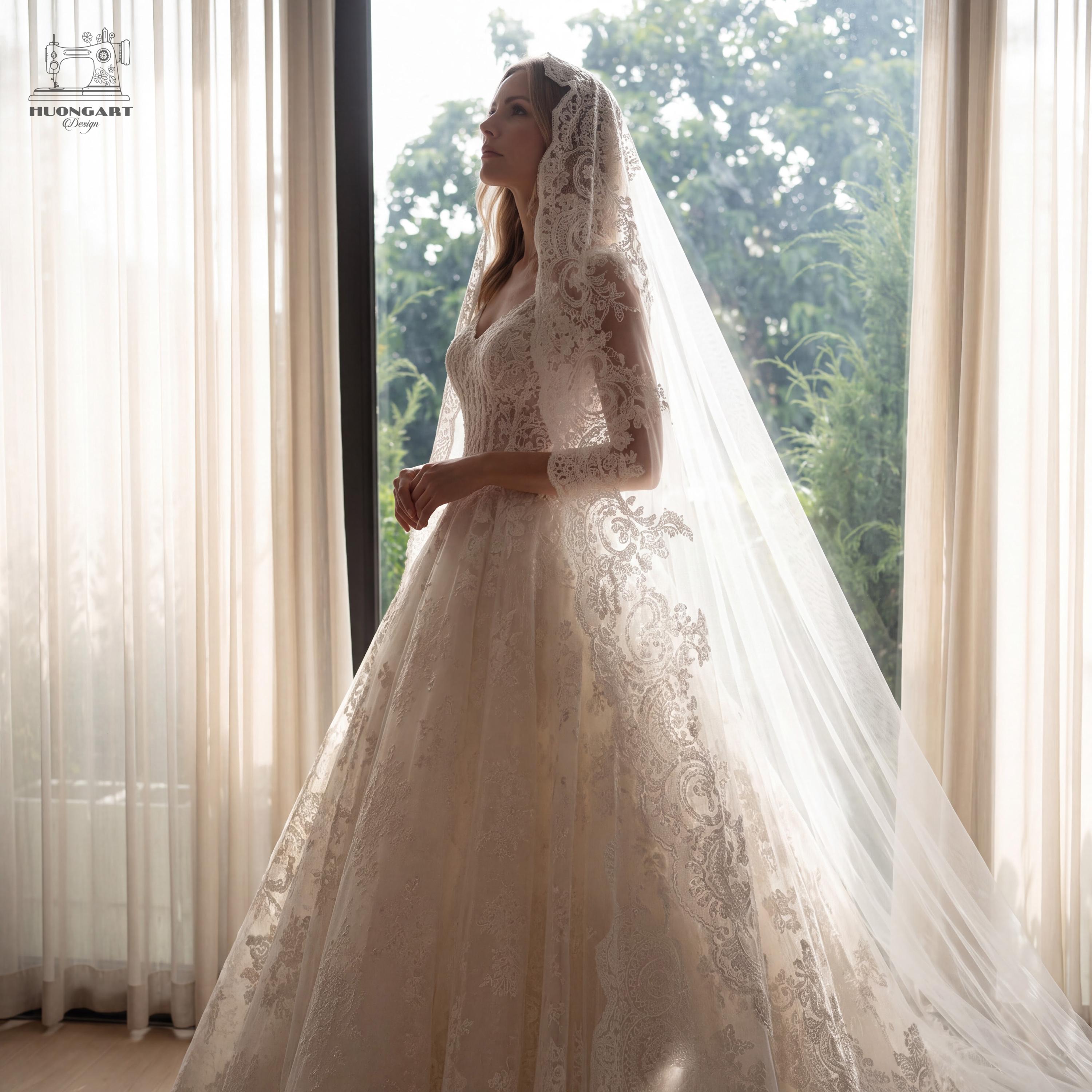 Royal Cathedral Mantilla Wedding Veil, Scalloped Lace Border