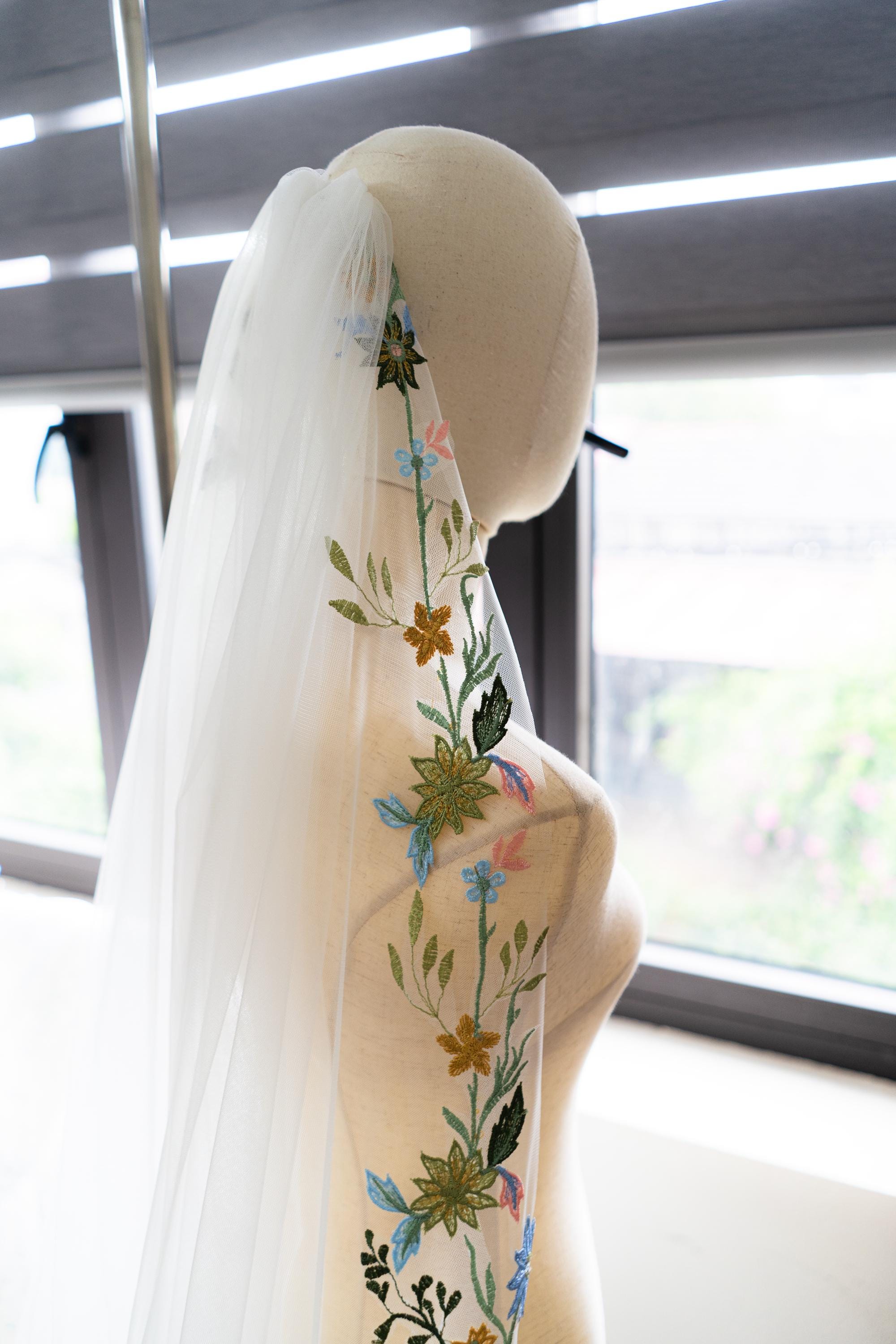 Pastel Wildflower Embroidered Wedding Veil – Something Blue Drop Cut