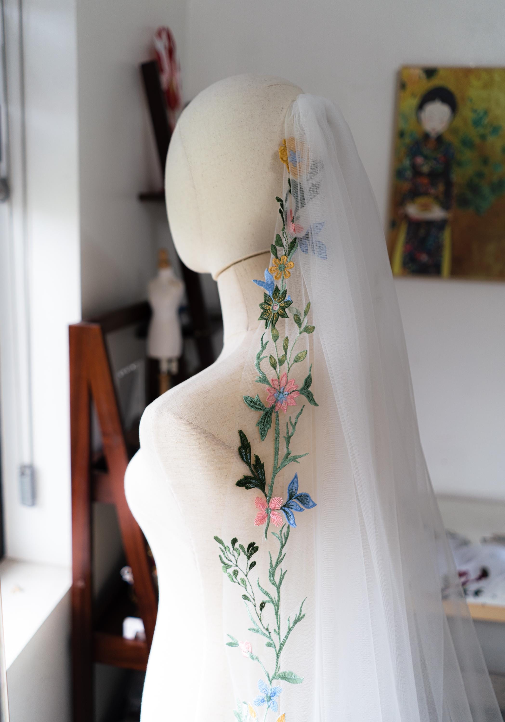 Pastel Floral Embroidered Wedding Veil – Blue & Pink Cathedral Drop