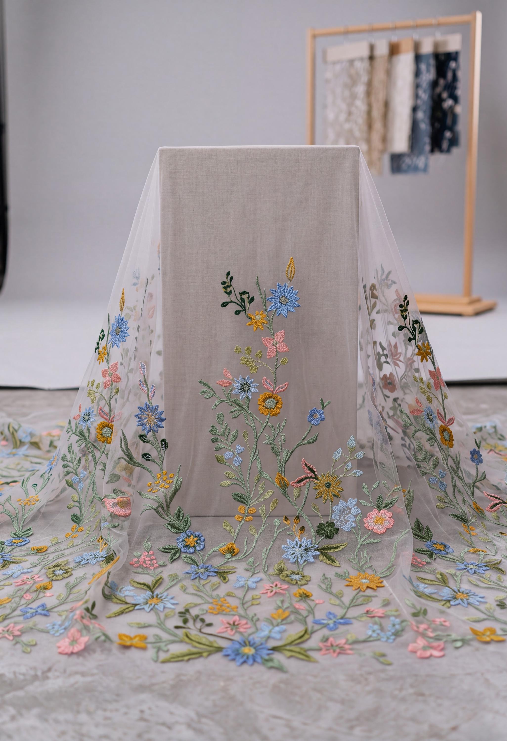 Pastel Floral Embroidered Wedding Veil – Blue & Pink Cathedral Drop