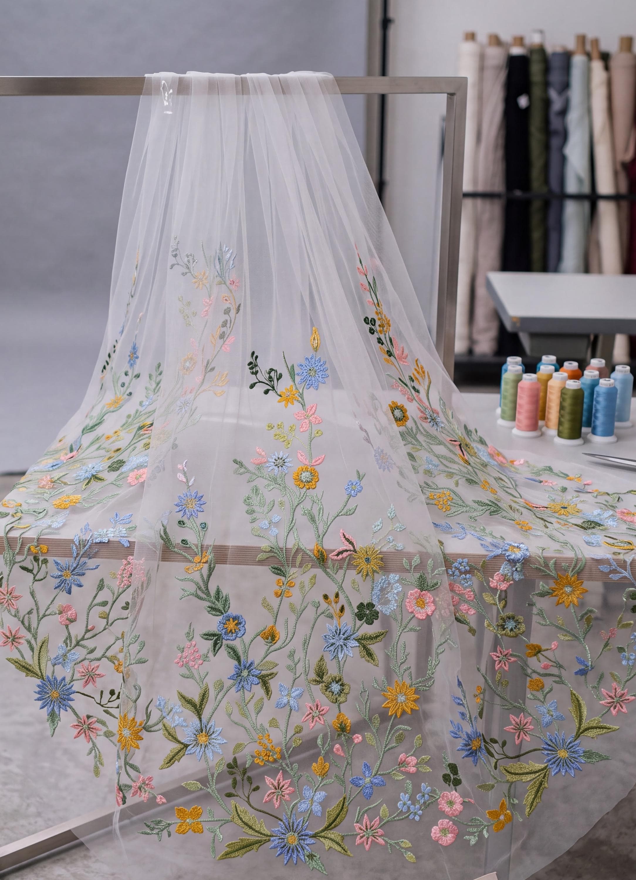 Pastel Floral Embroidered Wedding Veil – Blue & Pink Cathedral Drop