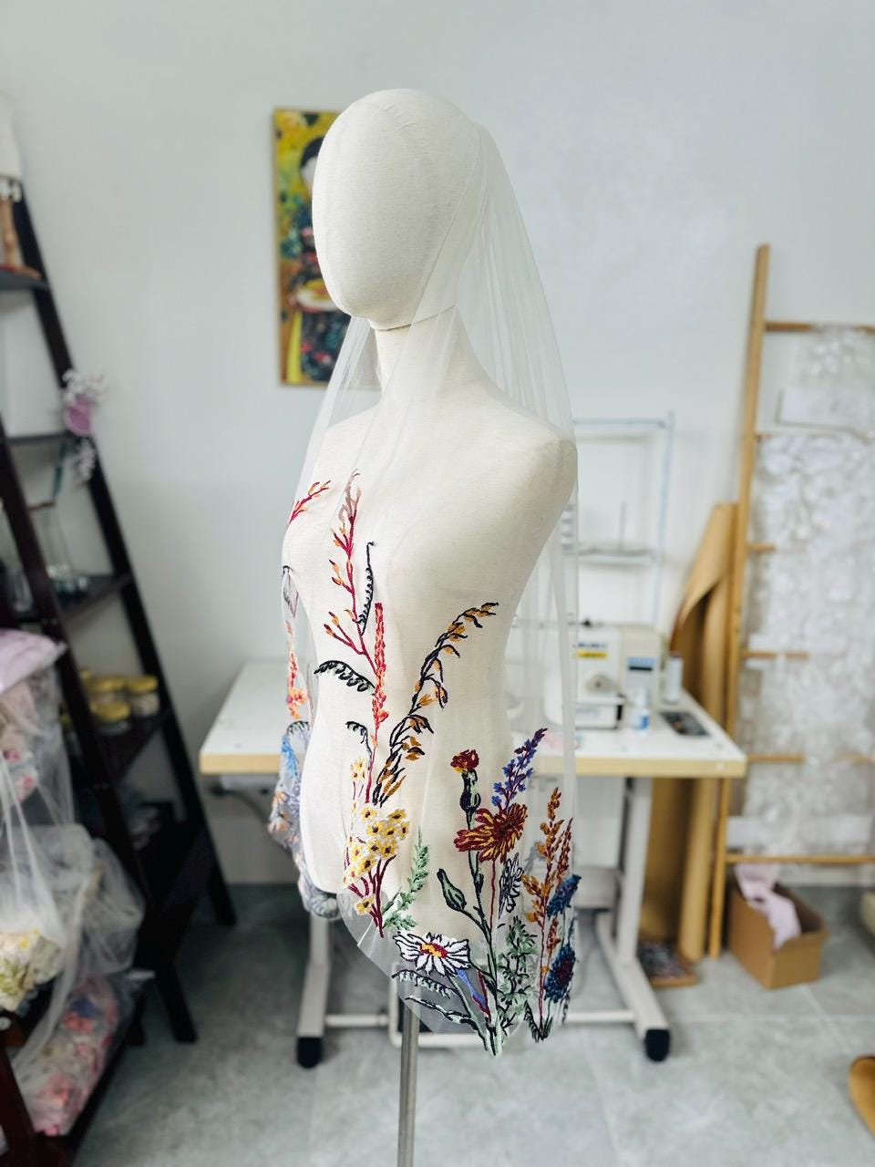 Colorful Botanical Wildflower Bridal Veil | Cathedral Length