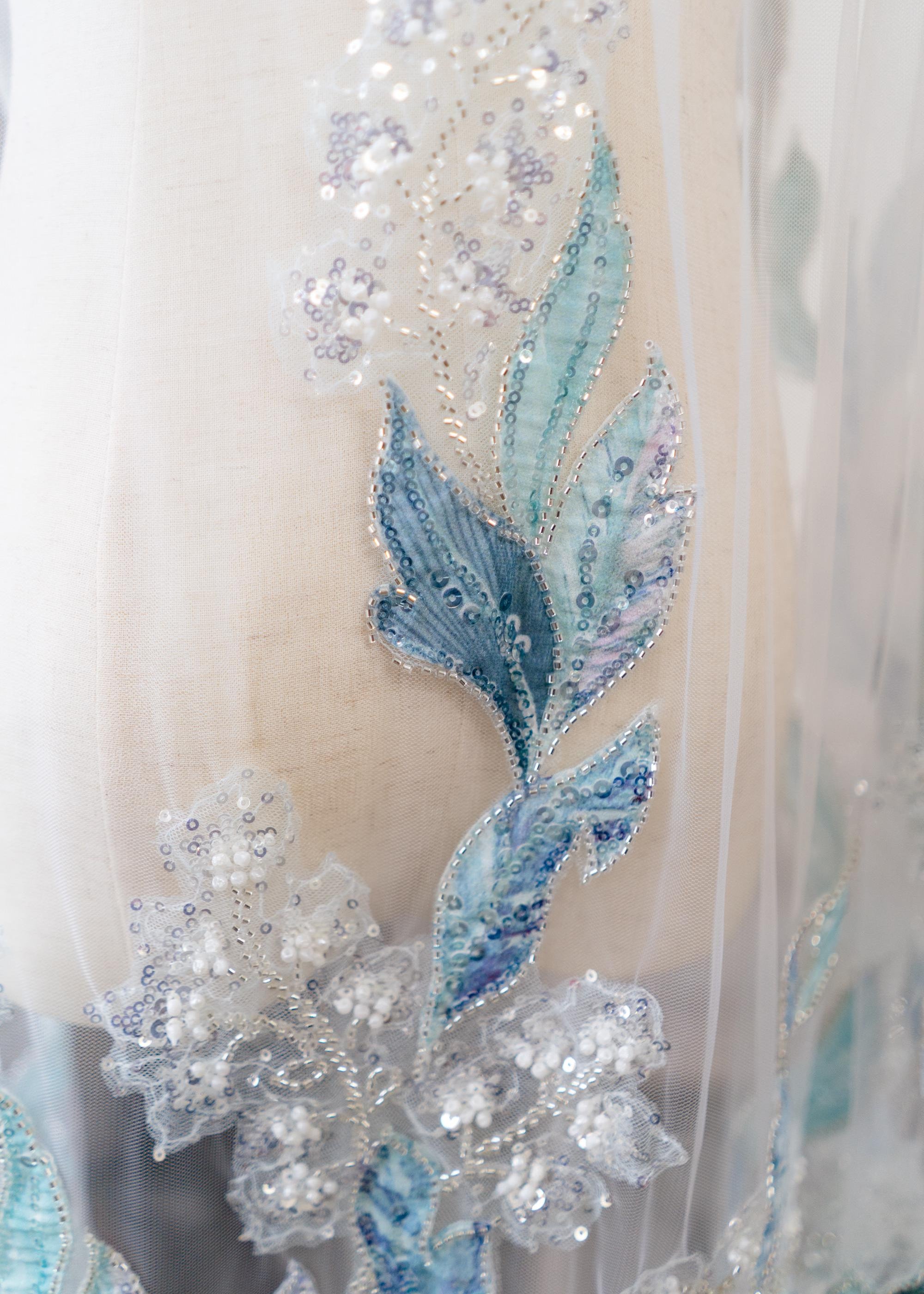 Ocean Blue Floral Sequin Wedding Veil – Teal & Silver Cathedral