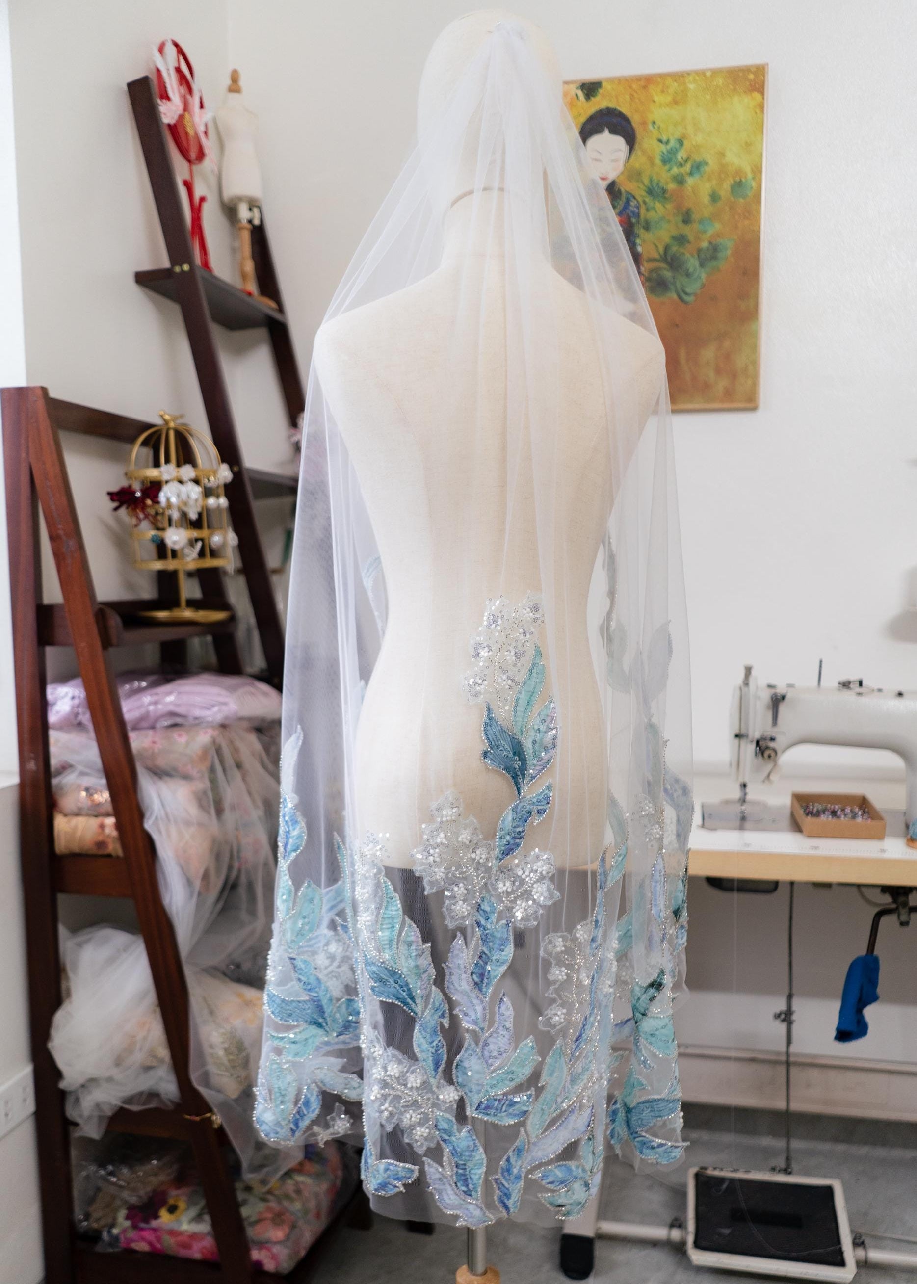 Ocean Blue Floral Sequin Wedding Veil – Teal & Silver Cathedral
