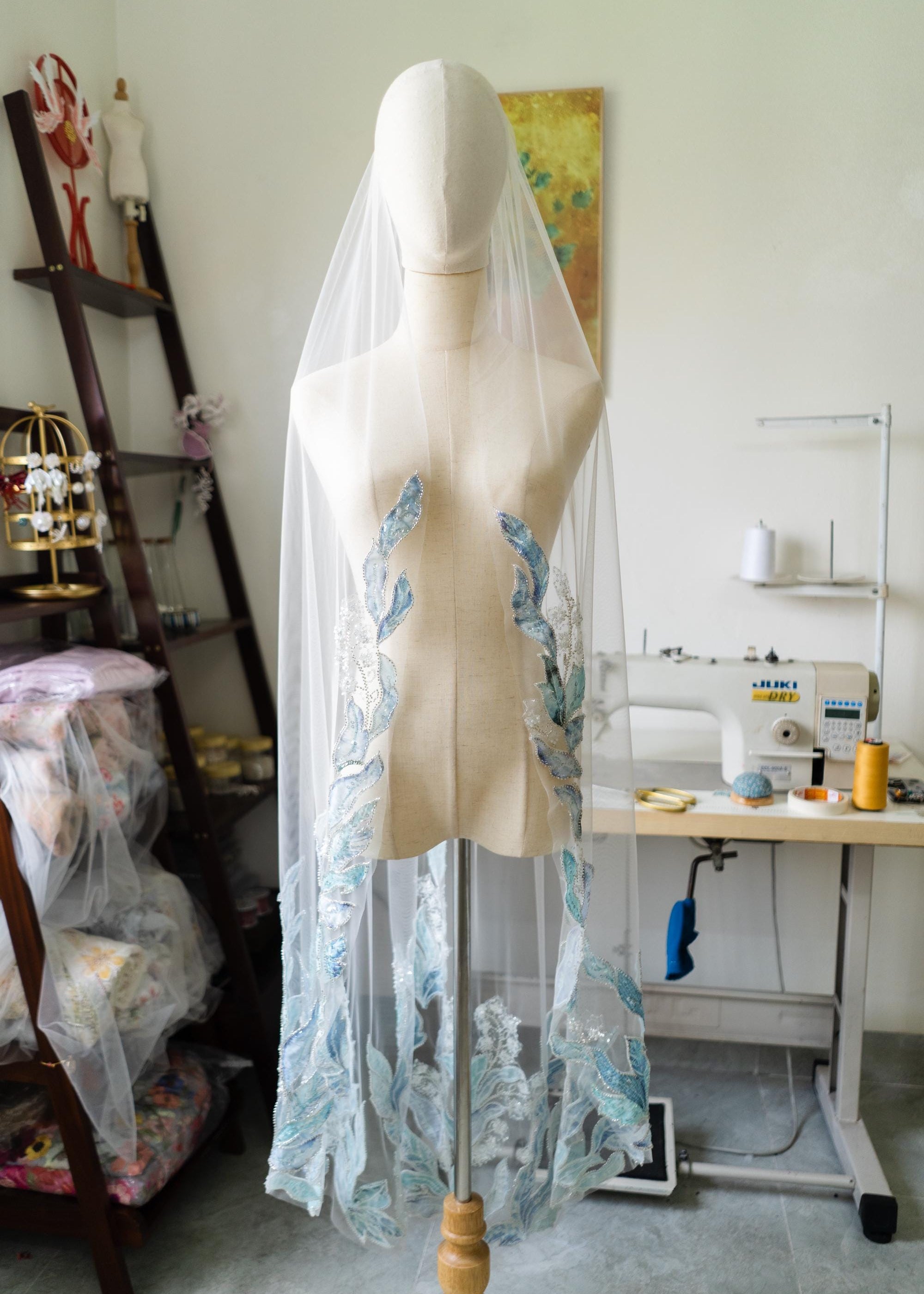 Ocean Blue Floral Sequin Wedding Veil – Teal & Silver Cathedral