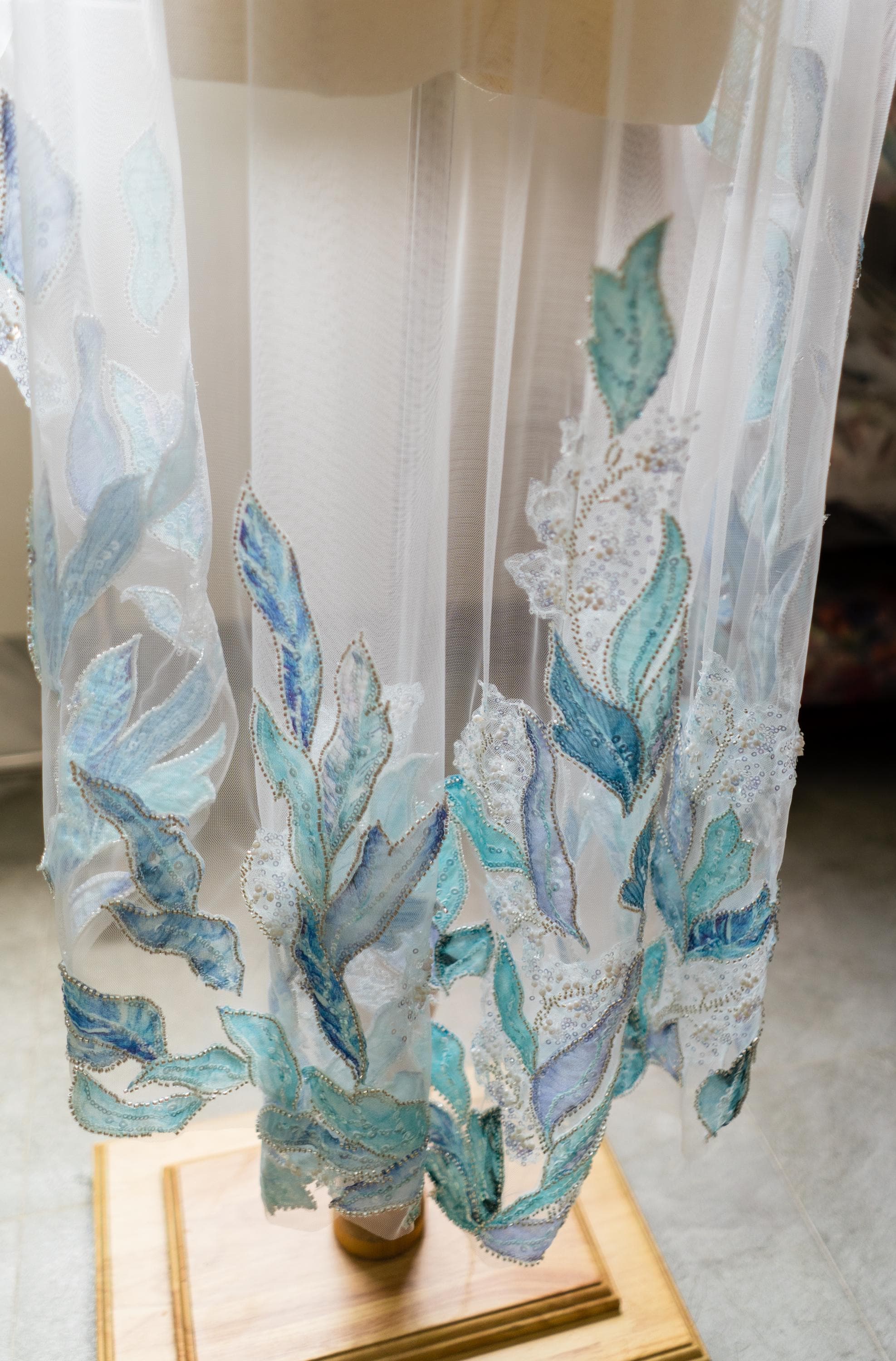 Ocean Blue Floral Sequin Wedding Veil – Teal & Silver Cathedral