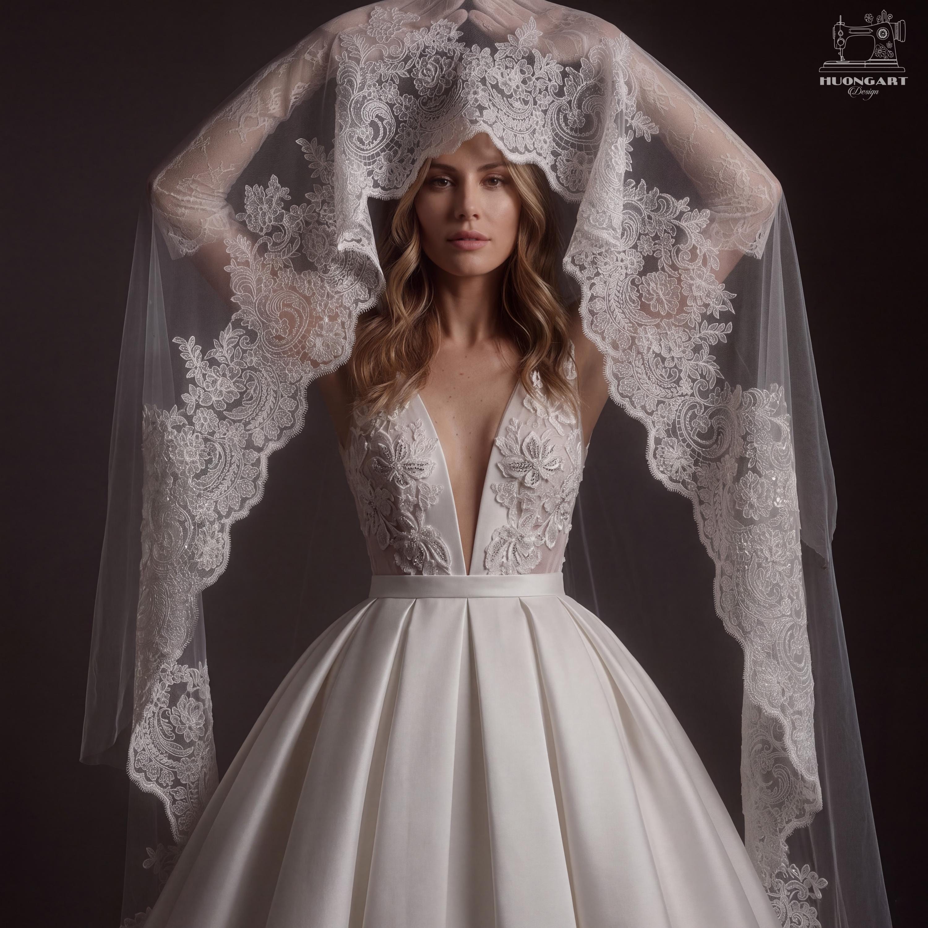 Royal Cathedral Mantilla Wedding Veil, Scalloped Lace Border