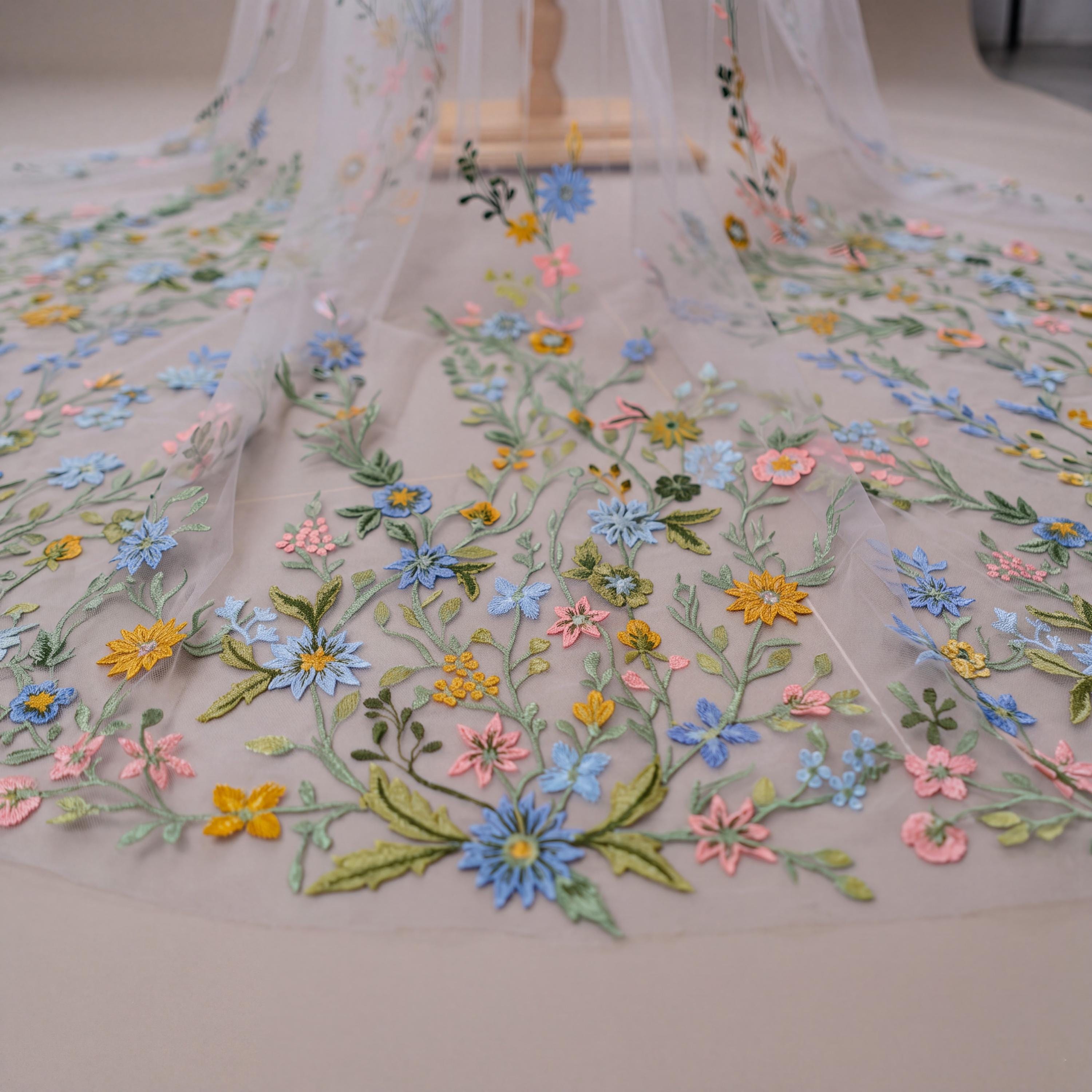 Pastel Floral Embroidered Wedding Veil – Blue & Pink Cathedral Drop