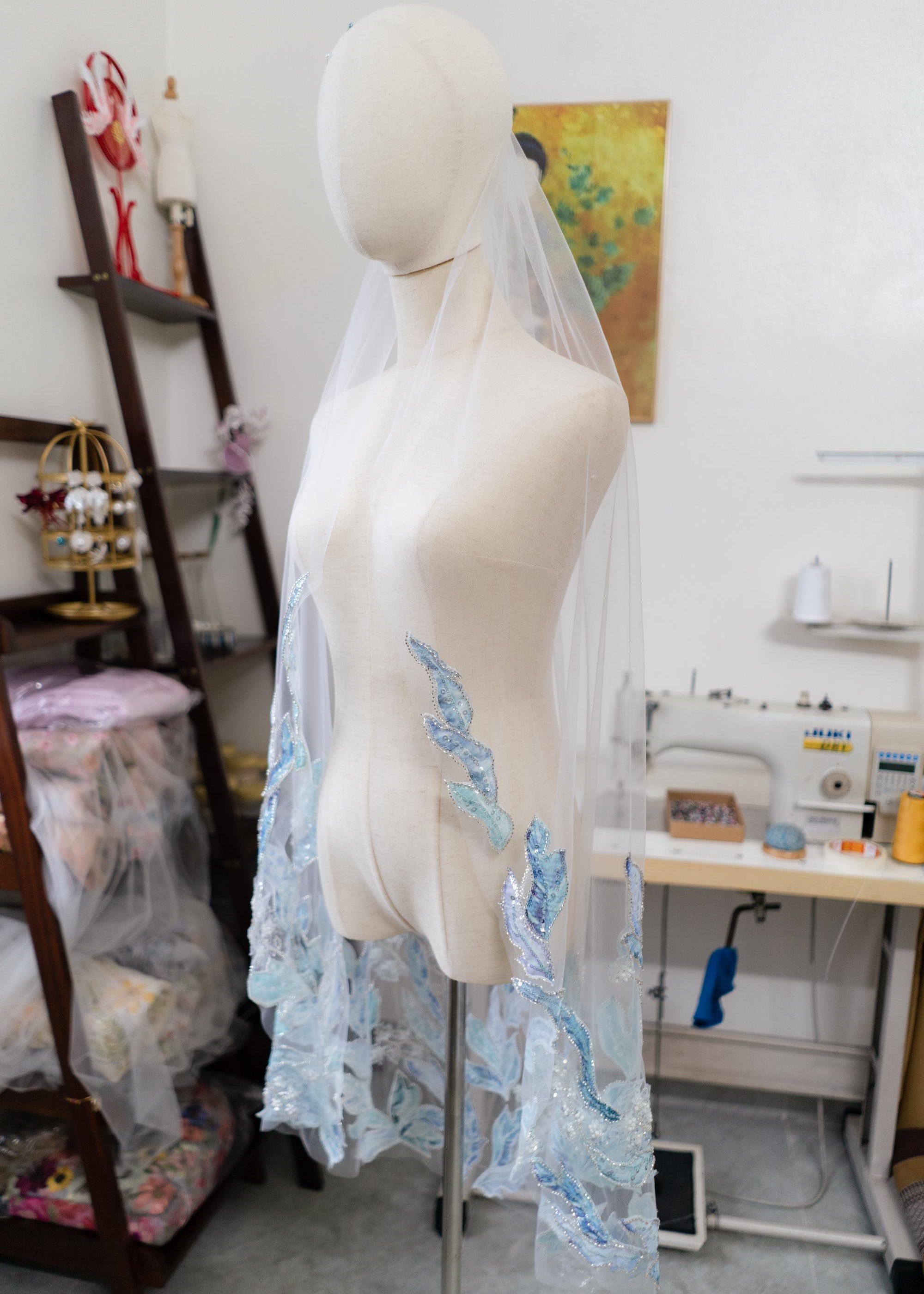 Ocean Blue Floral Sequin Wedding Veil – Teal & Silver Cathedral