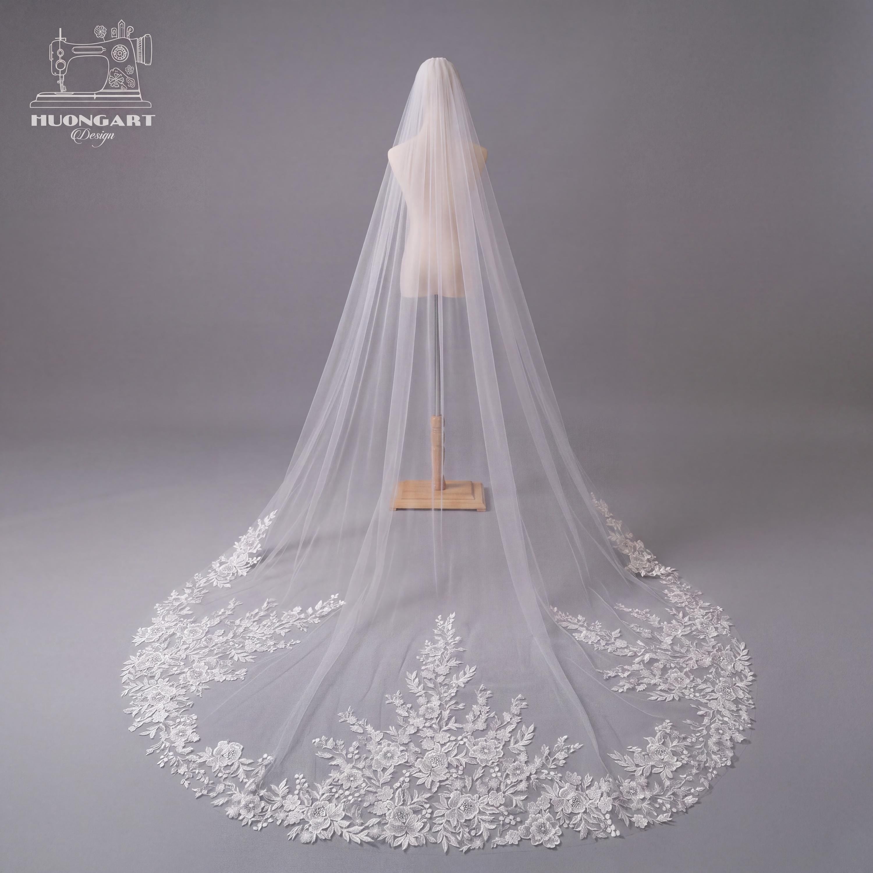 Hand-Beaded Pearl & Sequin Bridal Veil | Scalloped Floral Lace