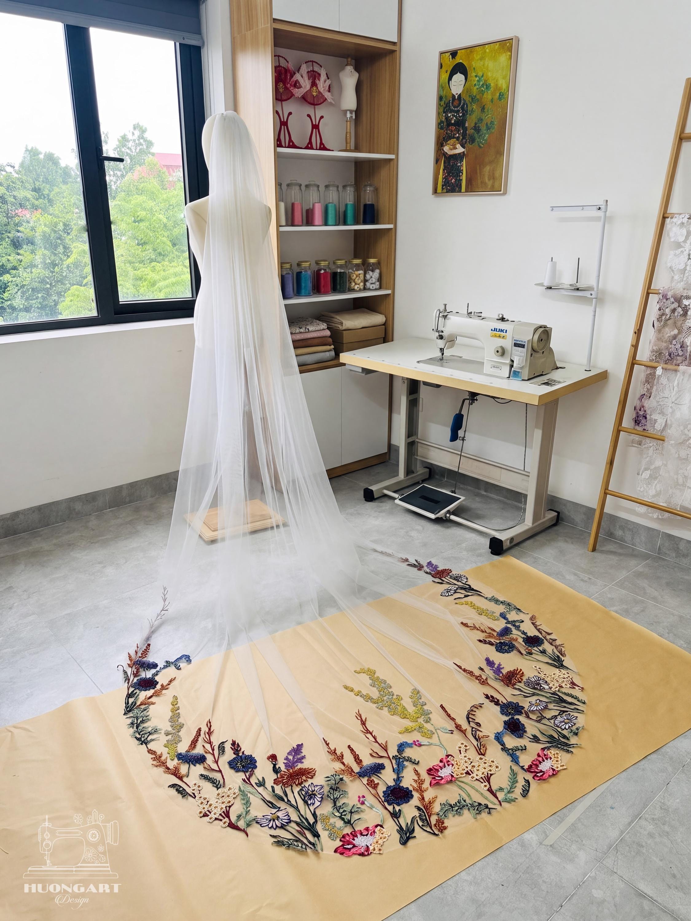 Colorful Botanical Wildflower Bridal Veil | Cathedral Length