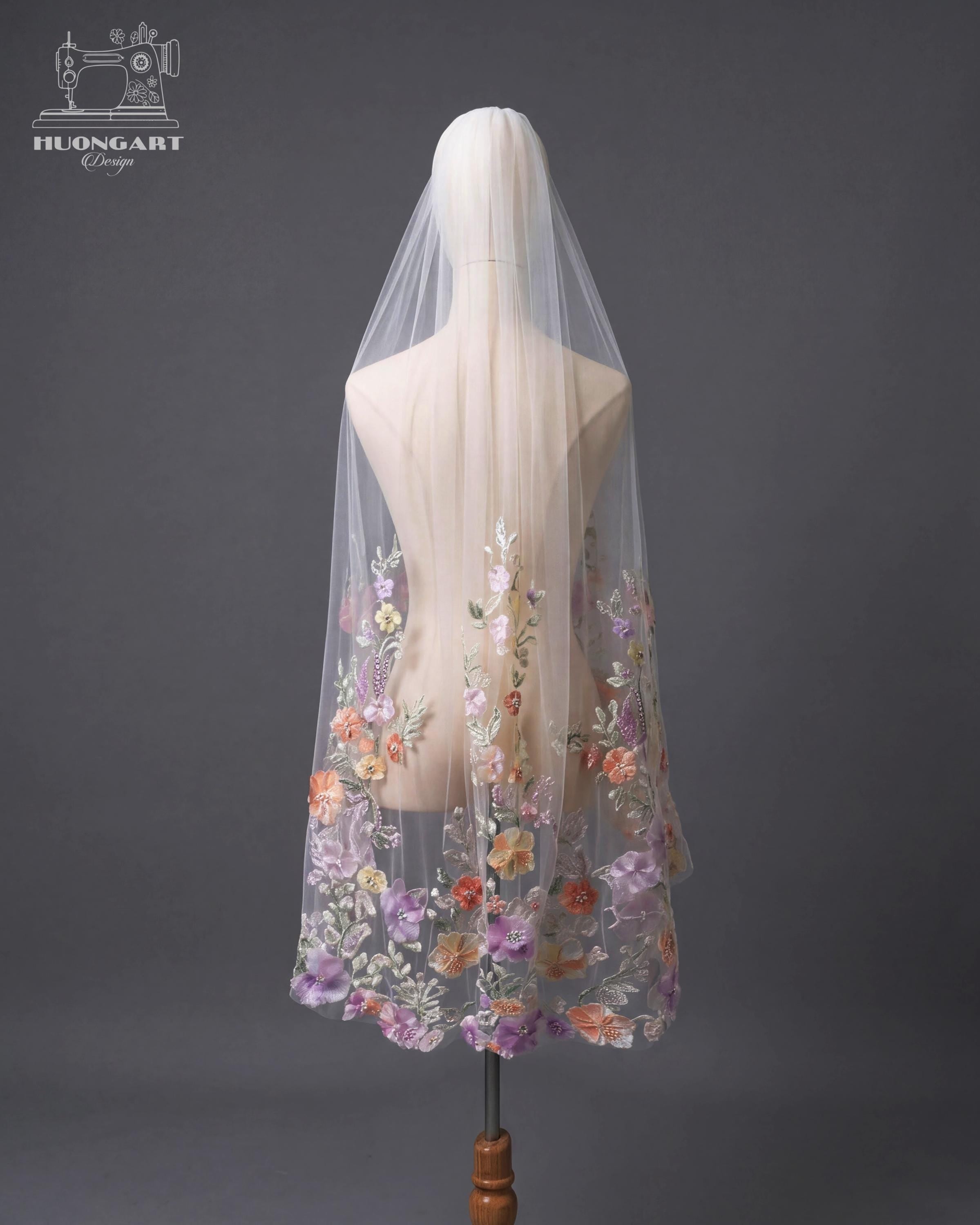 3D Floral & Pastel Butterfly Wedding Veil – Beaded Botanical Lace